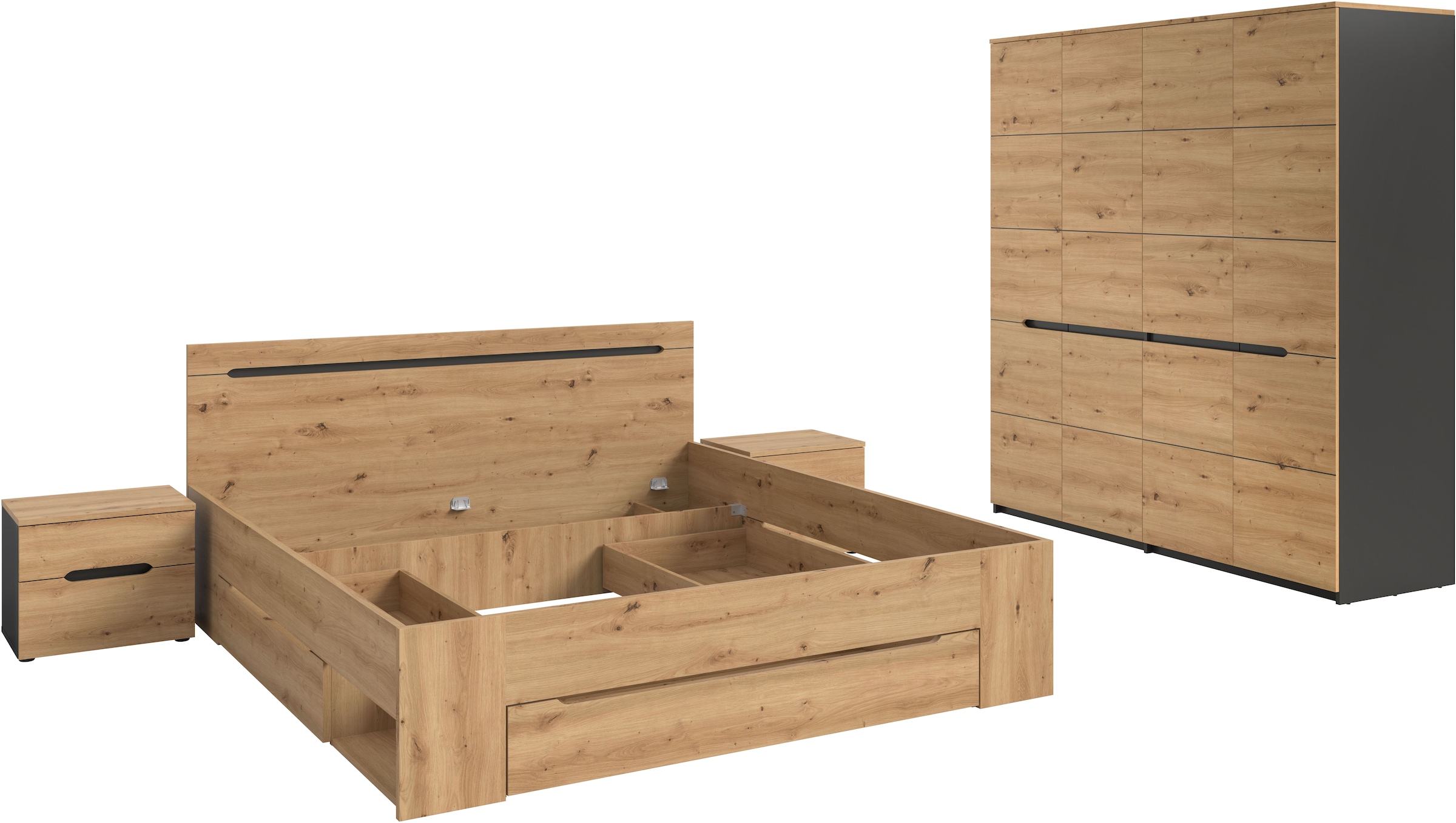 Home affaire Schlafzimmer-Set »REHAT, 4-teilig, best. aus: Bett, Kleiderschrank & 2x Nachtkommode« TOPSELLER!, für Matratzengrösse 140x200 cm, viel Stauraum, 