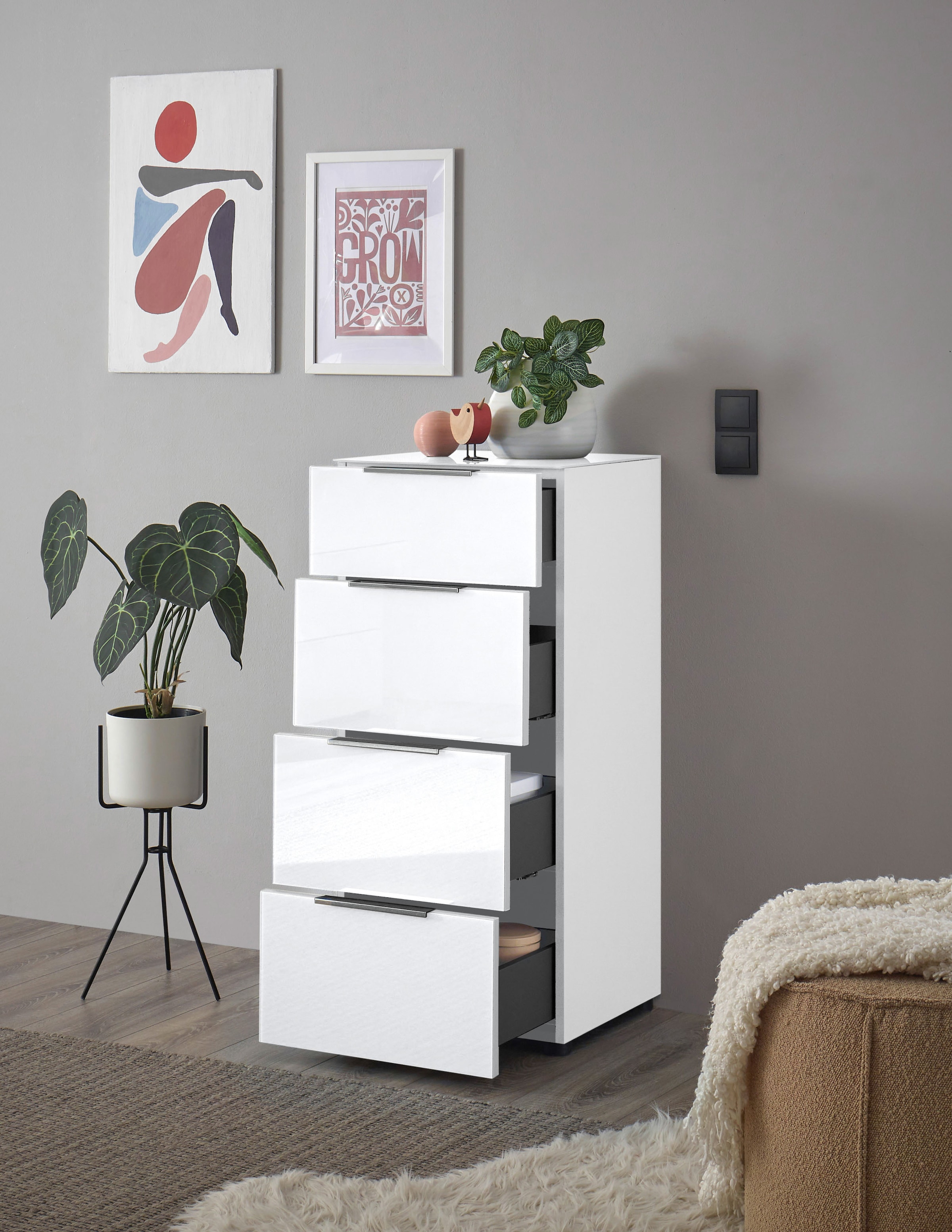 Image of HBZ Kommode "Santorin Mehrzweckschrank mit Schubkästen, BxHxT 45x99x40 cm" 1 Stk. tlg. Mit 4 Schubkästen mit Softclose, Glasfront und Glasoberboden