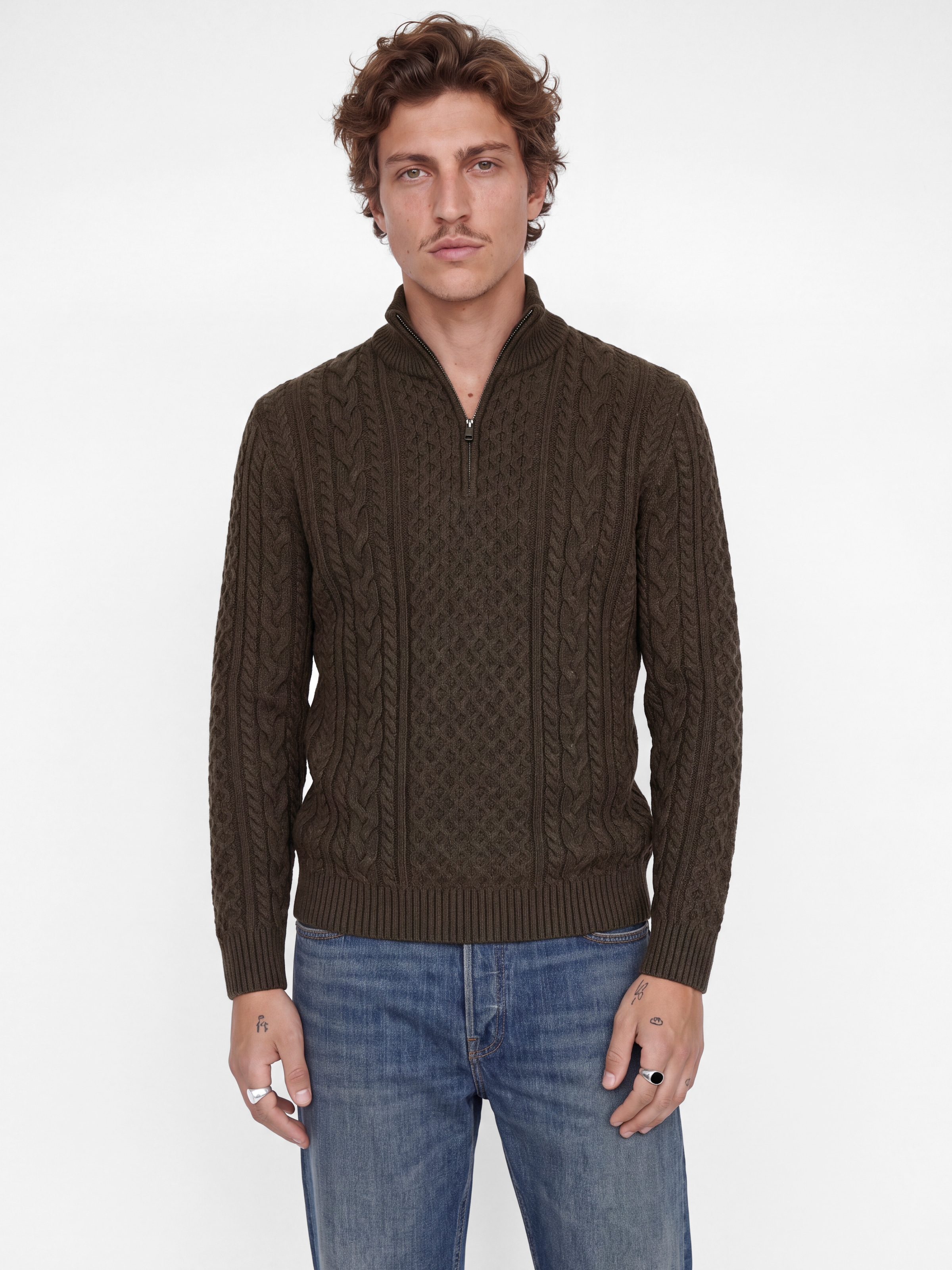 Image of Jack & Jones Strickpullover "JPRBLUCALLUM CABLE KNIT HALF ZIP" Materialmix, regular fit