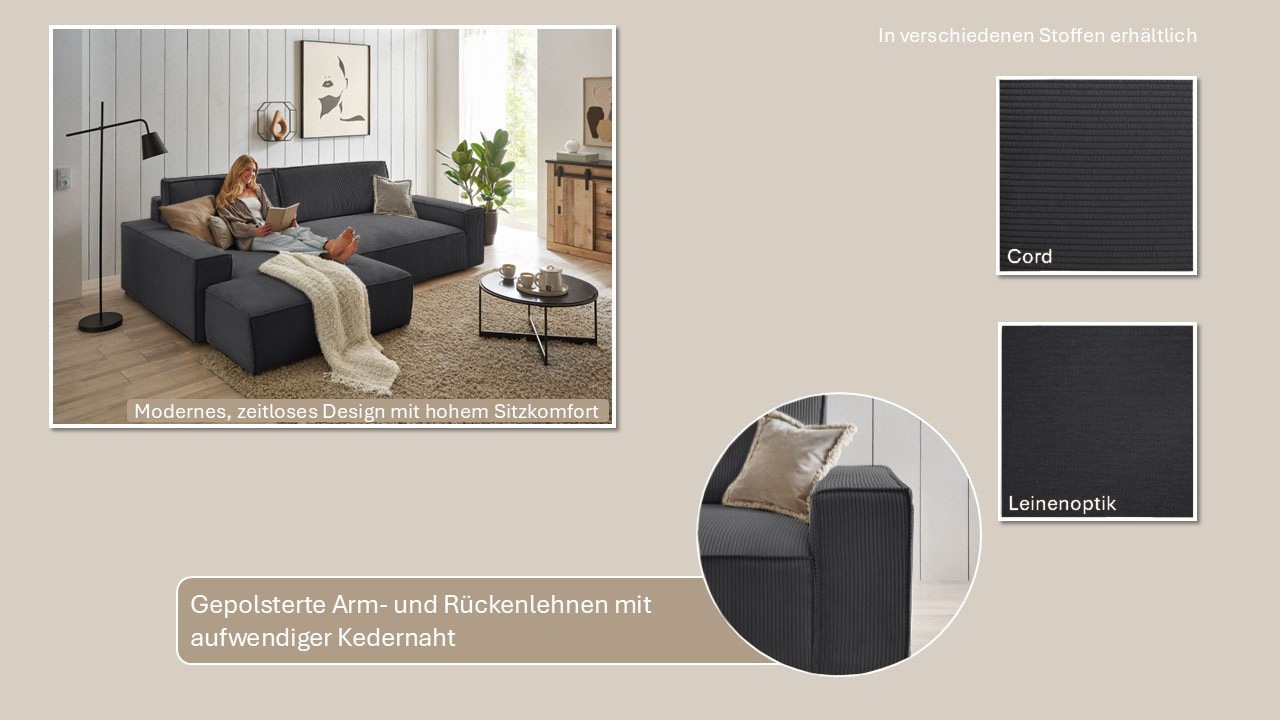 Home affaire Canapé d'angle »NEU: SHERWOOD XXL 284, Big-Sofa L-Form, tiefe Sitzfläche 95 cm, Cord« Recamiere rechts/links, als Schlafsofa stellbar, Cord u. Leinenoptik