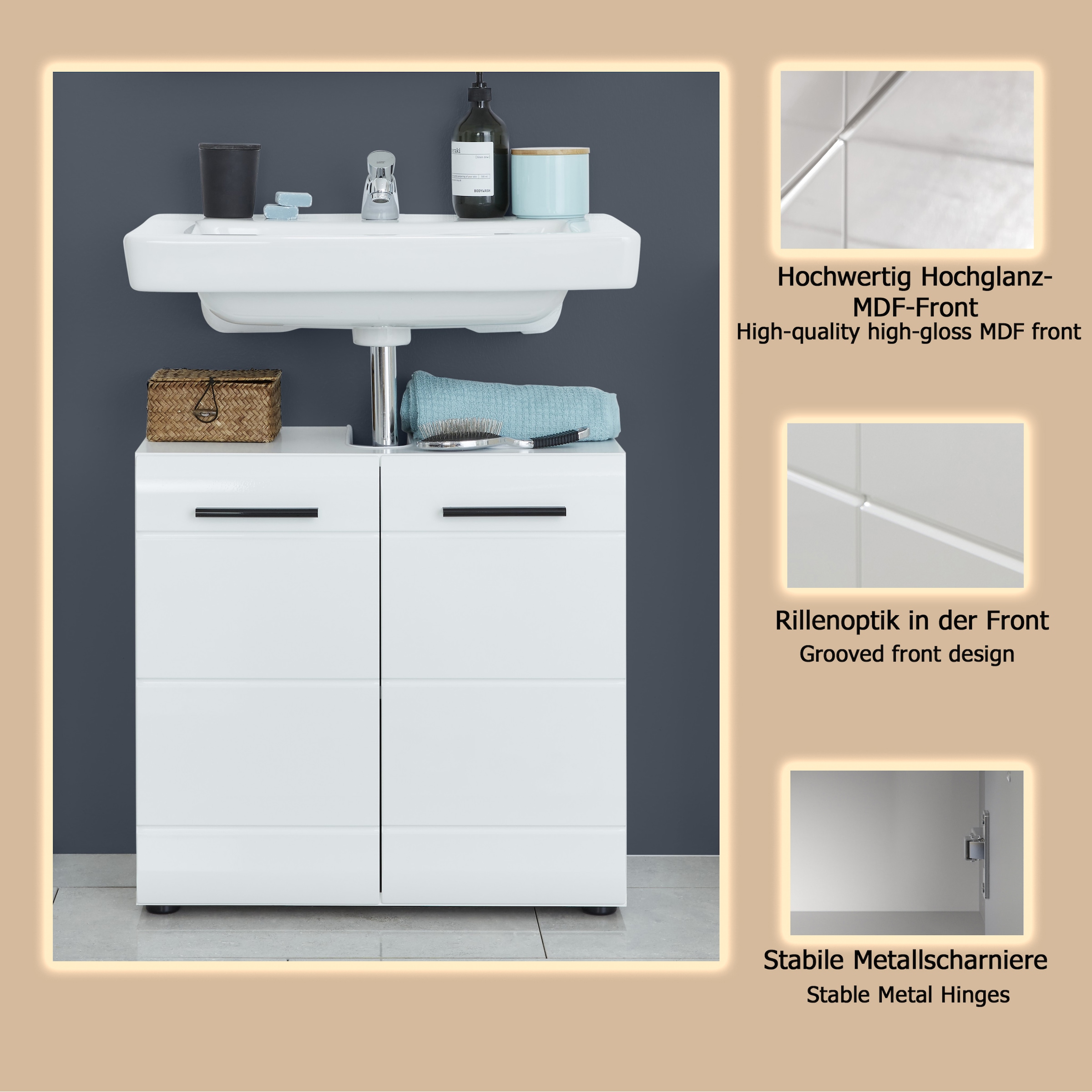 welltime Waschbeckenunterschrank »Sovana« Waschtisch mit verstellbarem Fach - Masse (B/T/H) 60/31/56 cm