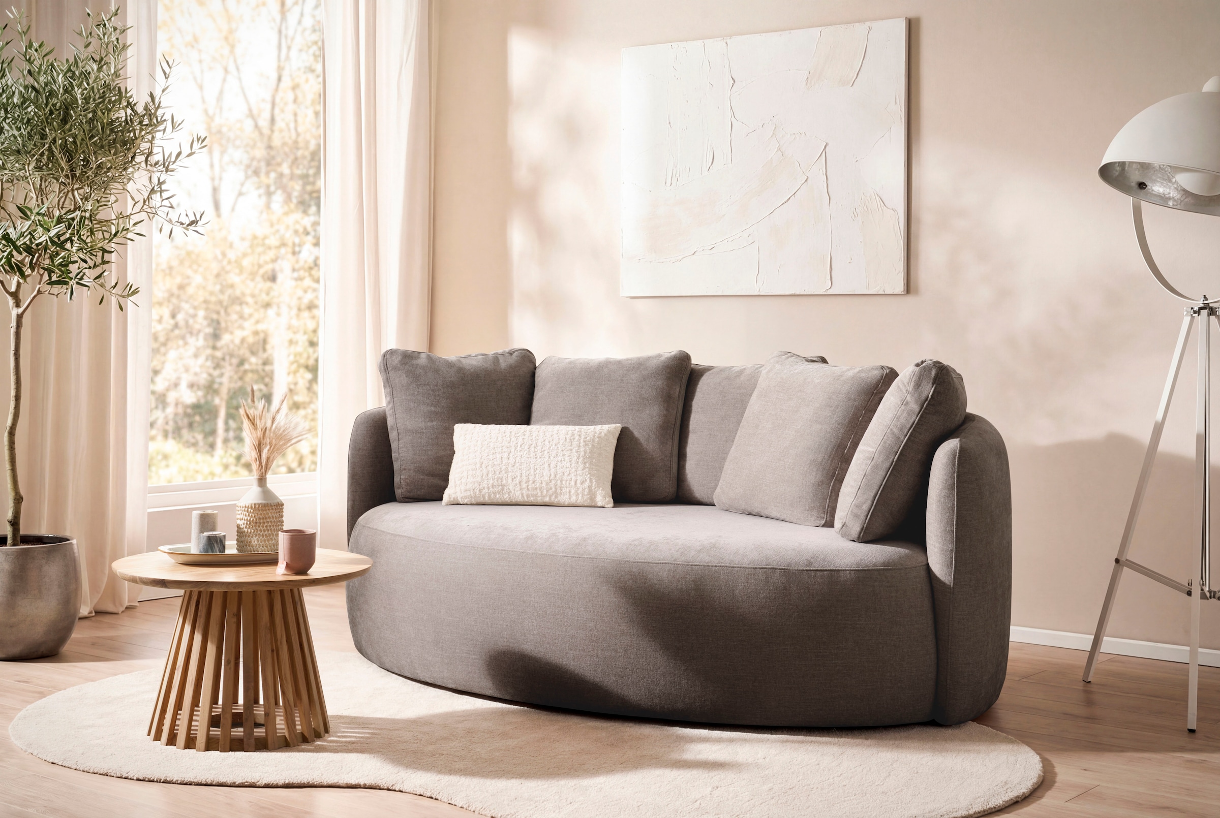 GOODproduct 2,5-places »Kaarl, rundes Loungesofa, Sofa mit Kissen, perfekt gepolstert« Webstoff, in fünf Farben, zeitloses Design, inkl. 5 Rückenkissen