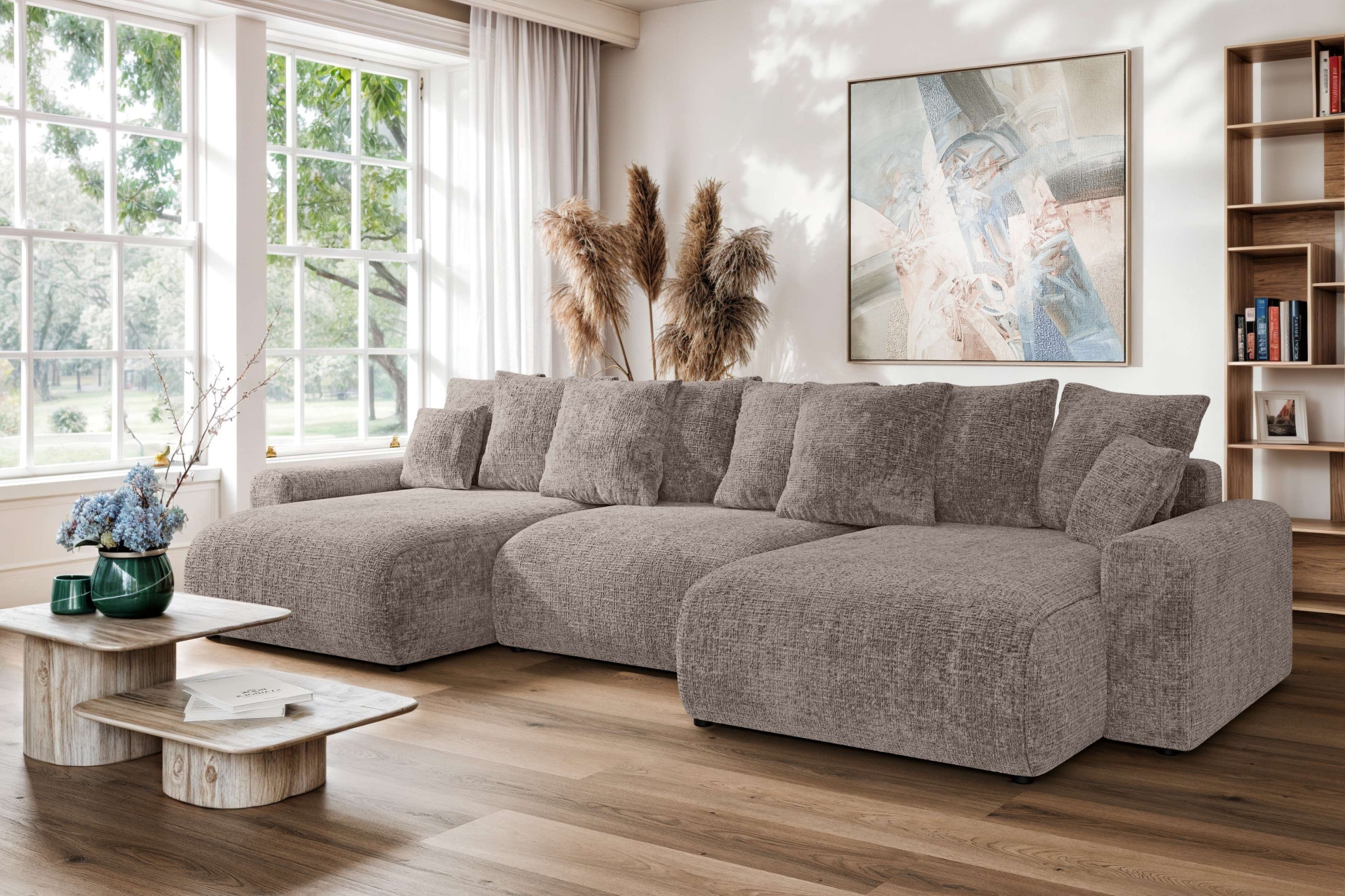 Home affaire Wohnlandschaft »LAKESIDE mit Bettfunktion und Bettkasten, Masse B/T/H: 332,5/142/84 cm«, U‑Form mit vielen Kissen und Wellenunterfederung