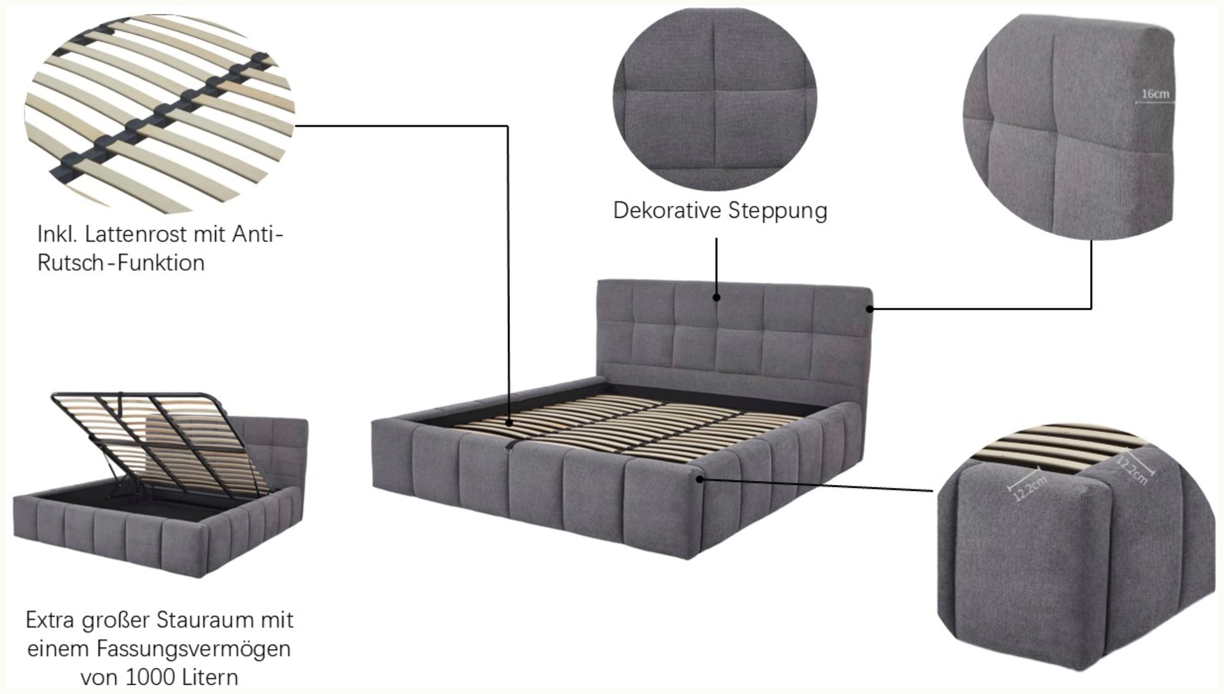 GOODproduct Lit rembourré »EDDION, Stauraumbett mit Lattenrost und Bettkasten, 180x200cm« hochwertiger Chenille-Bezug, gepolstertes Kopfteil und Rahmen