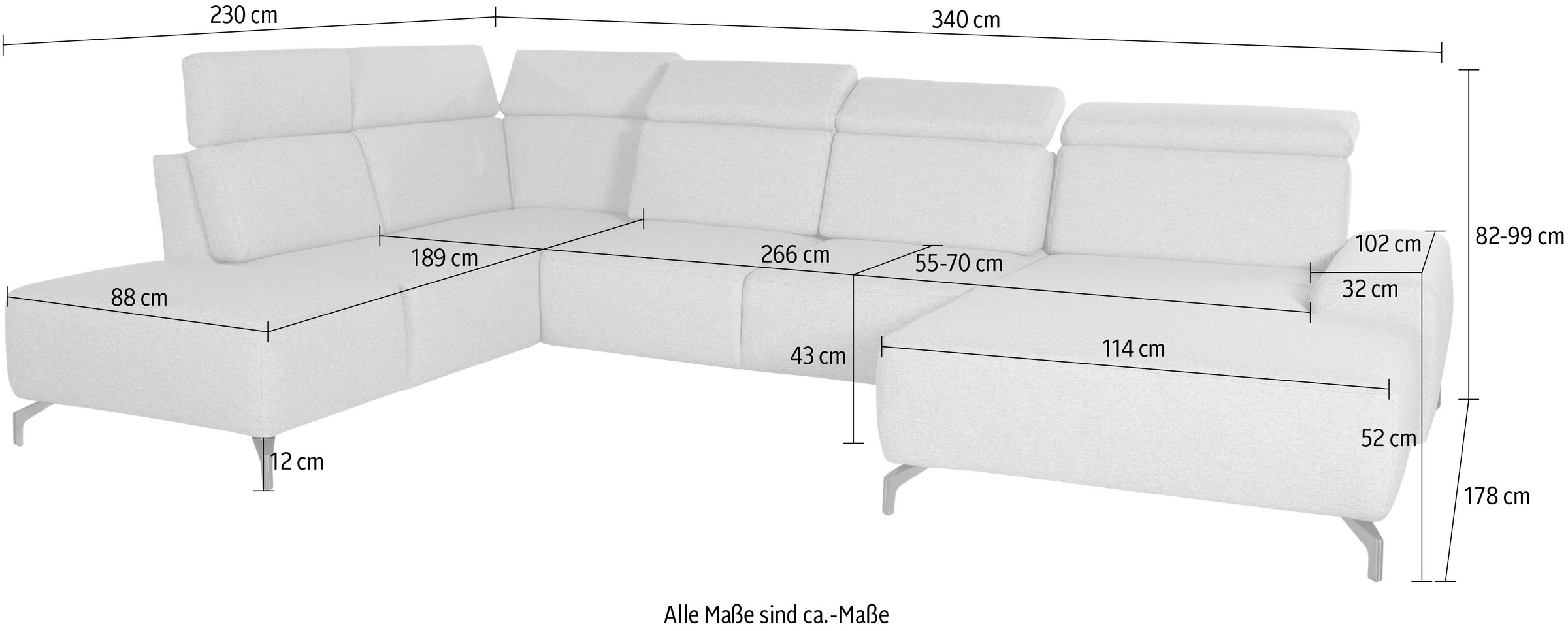 sit&more Wohnlandschaft »Gizeh U-Form«, 12 cm Fusshöhe, inklusive Sitztiefenverstellung und Kopfteilverstellung