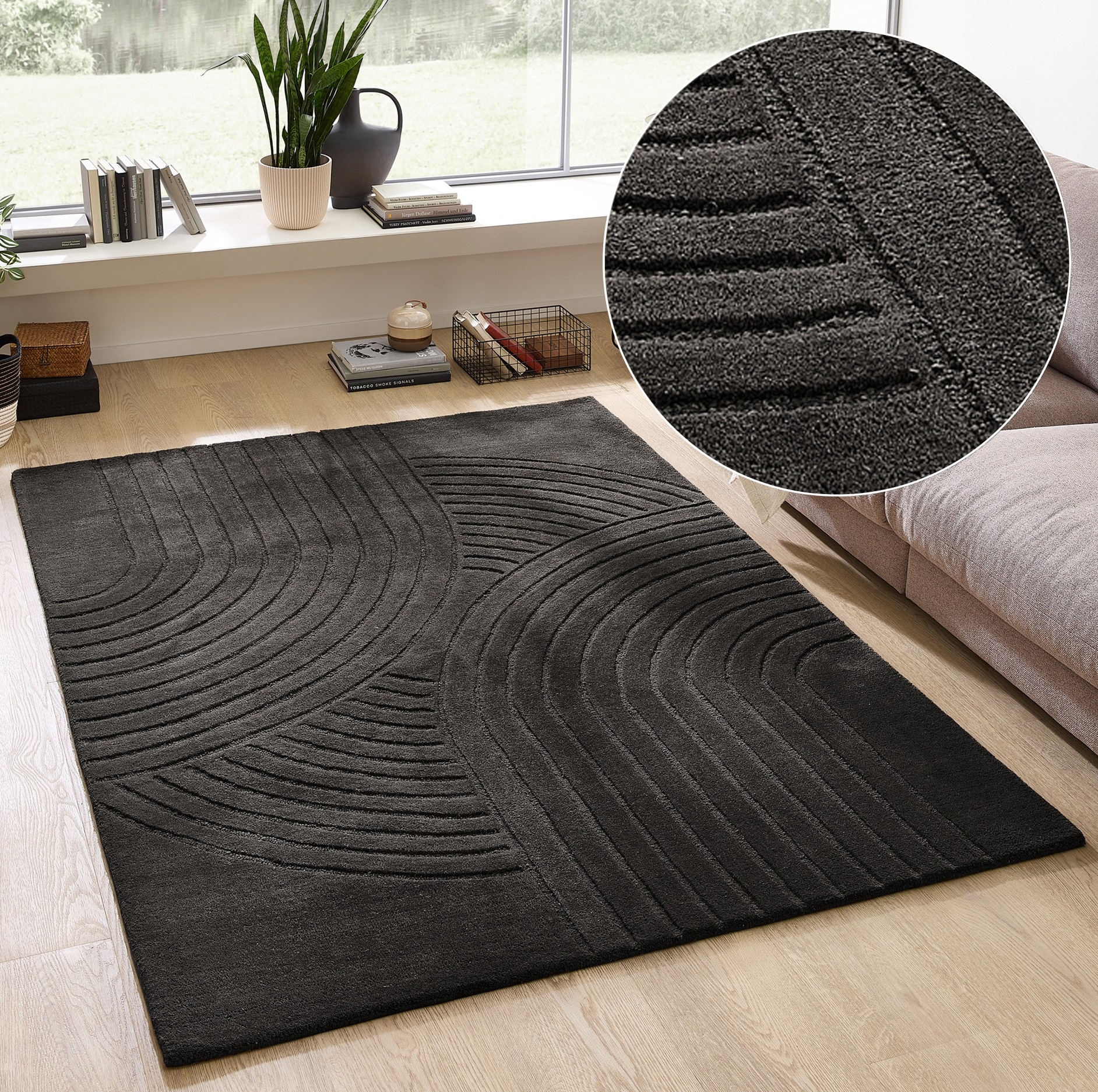 Image of GOODproduct Wollteppich "Gabbo Design, Handgefertigt, Teppich, reine Wolle," rechteckig 14 mm Höhe Hoch-Tief-Effekt, reine Wolle, Scandi-Look, Naturfaser