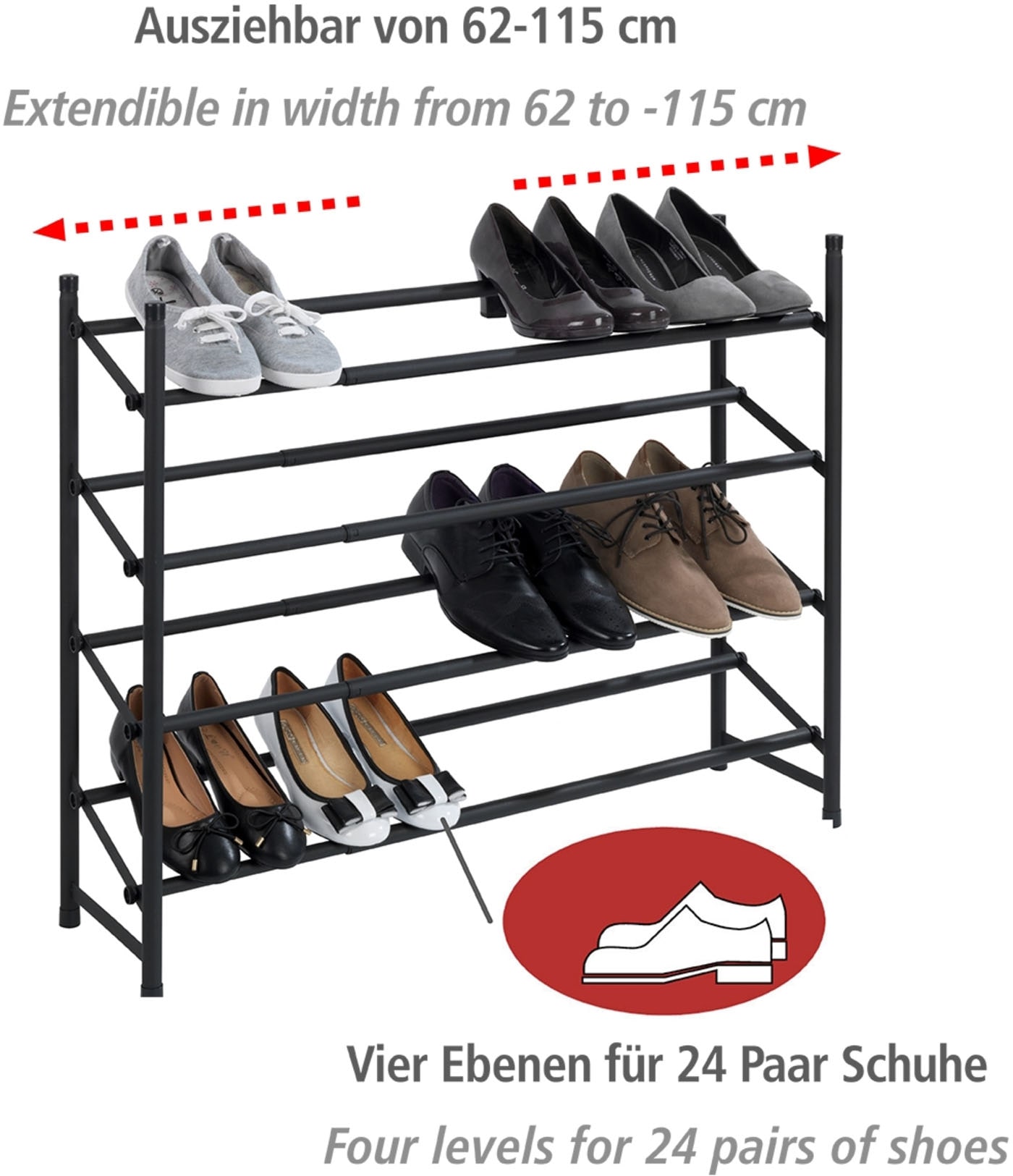 WENKO Schuhregal »Modell Hero«, ausziehbar, 62 bis 115 cm, für 24 Paar Schuhe, Anti-Rutsch Oberfläche