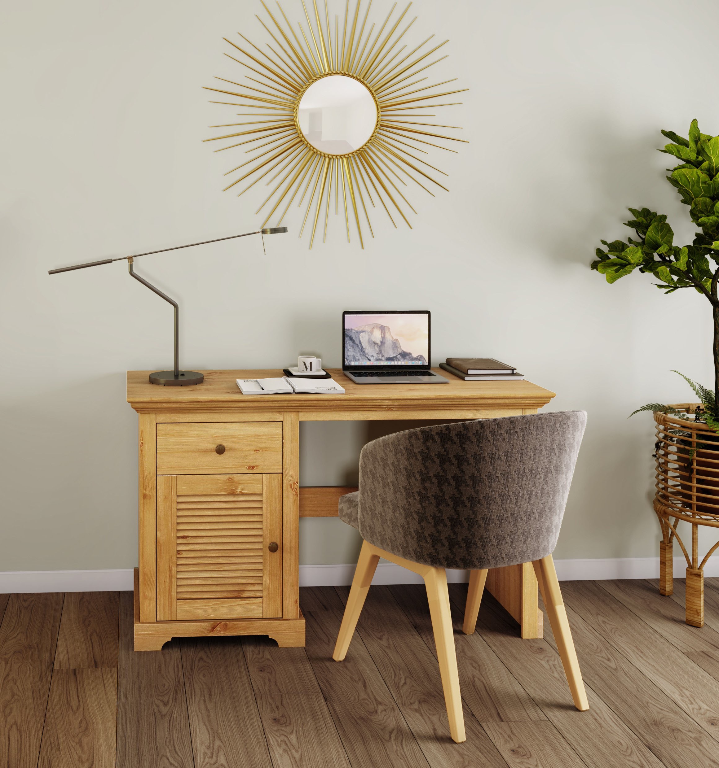 OTTO home Schreibtisch "Ayanna, Tisch, Computertisch, im Landahusstil" Massivholz, mit Schublade und Tür, Lamellenfront, Breite 130 cm