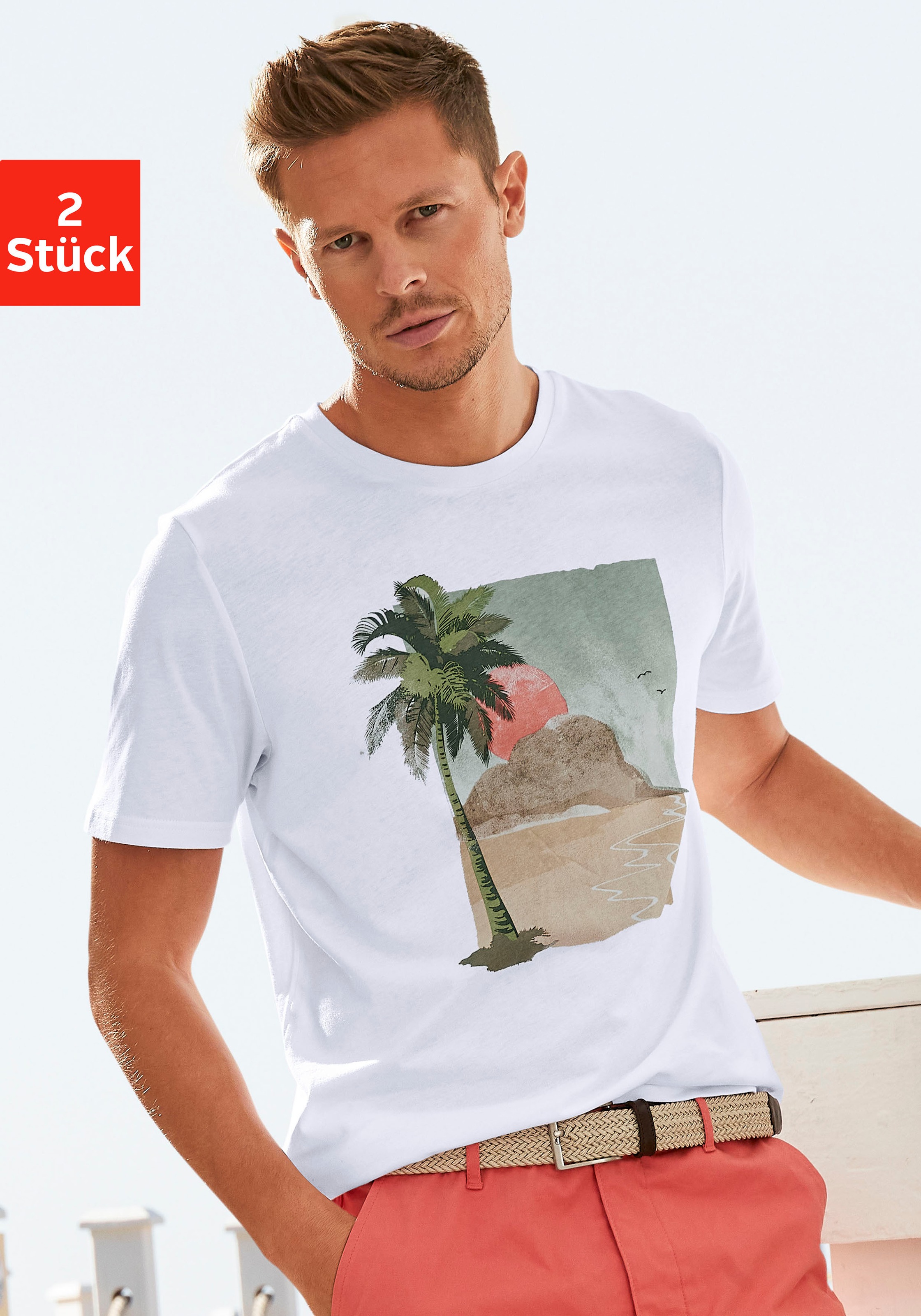 Beachtime T-Shirt, (Packung, 2 tlg.), mit Frontdruck und unifarben kaufen