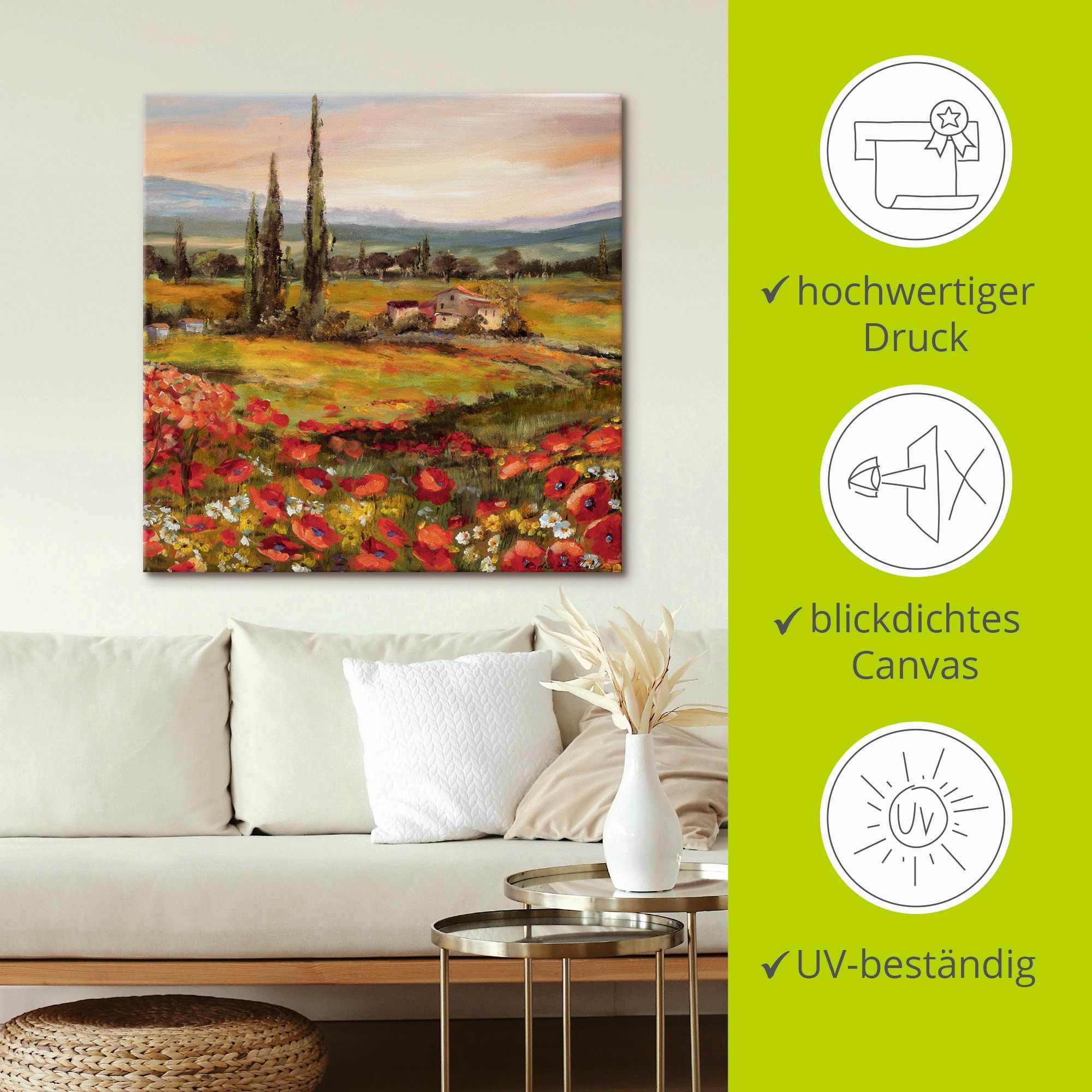 Artland Wandbild »Mohnblumen und Zypressen«, Felder, (1 St.), als Leinwandbild, Poster in verschied. Grössen