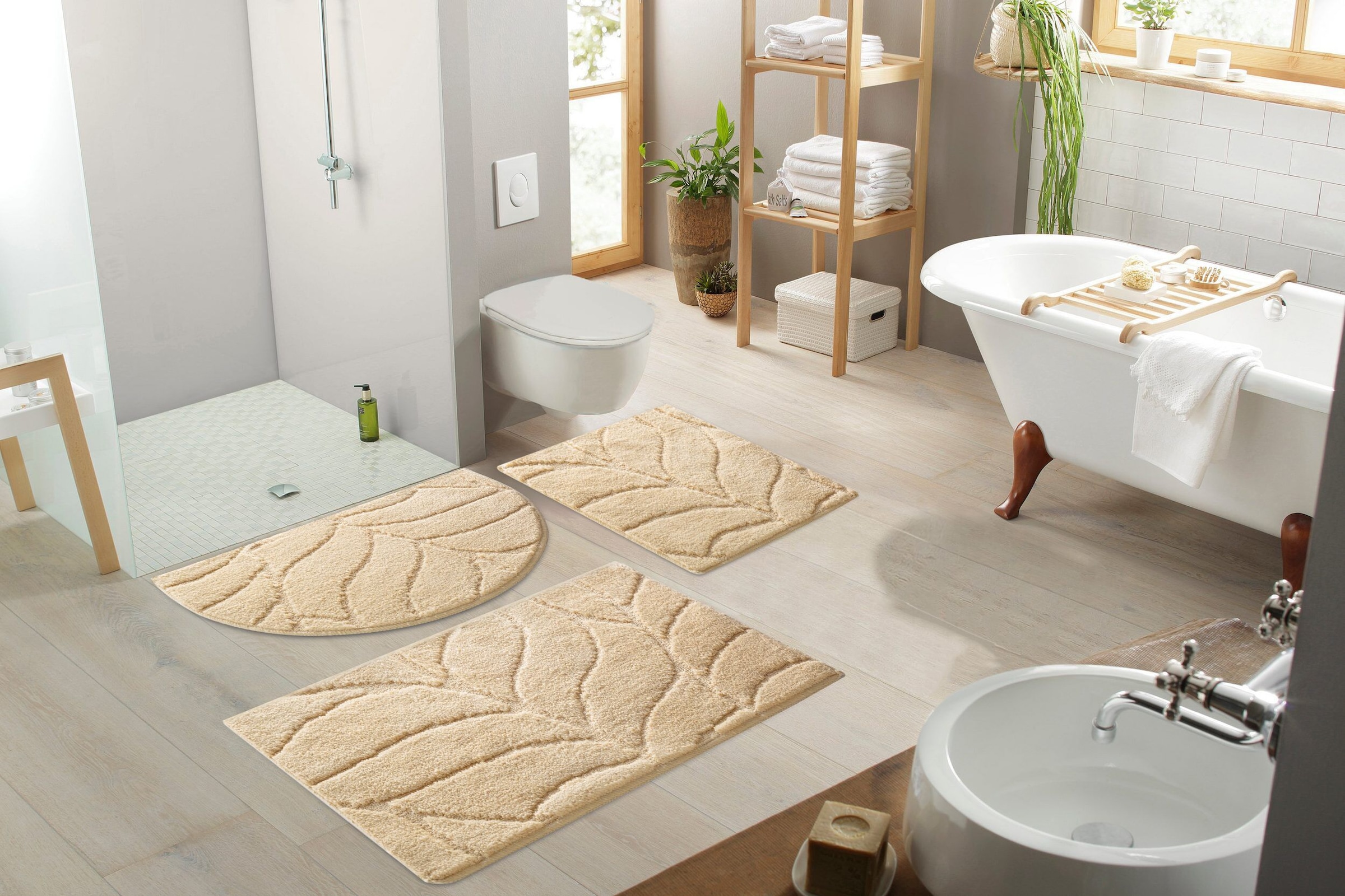 my home Badematte »Epense, Badvorleger, Badezimmer Teppich, Duschvorleger«, fussbodenheizungsgeeignet-schnell trocknend, Badteppich, Uni Farben, Blätter, Hoch-Tief Effekt