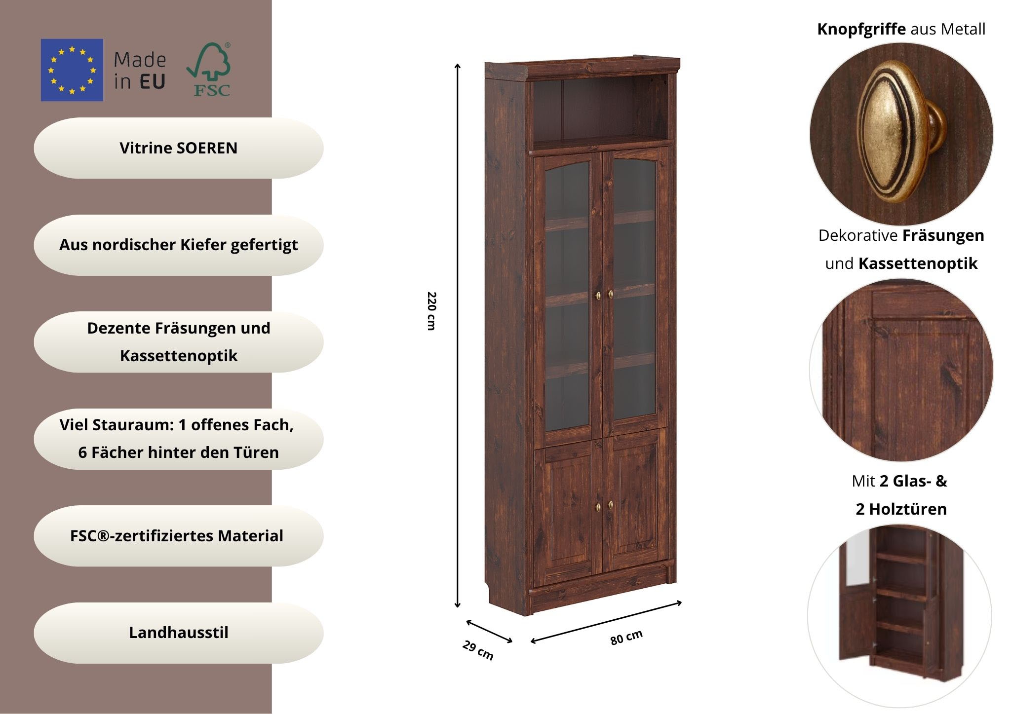 GOODproduct Vitrines »Soeren Regal mit 2 Glastüren und 2 Holztüren, B/TH: 80/29/220 cm« Pin FSC® certifié, 1 compartiment ouvert, 6 compartiments derrière les portes
