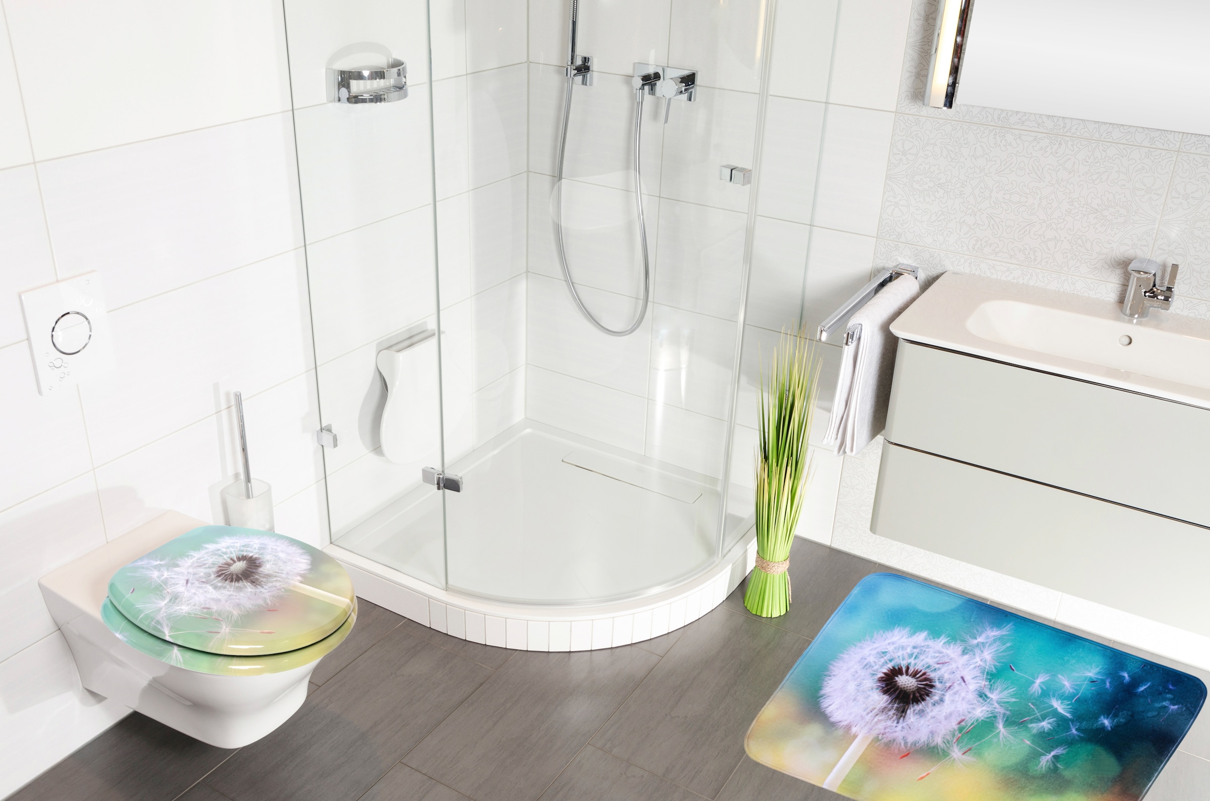 Sanilo Set d'accessoires de salle de bain »Pusteblume« bestehend aus WC-Sitz, Badteppich und Waschbeckenstöpsel