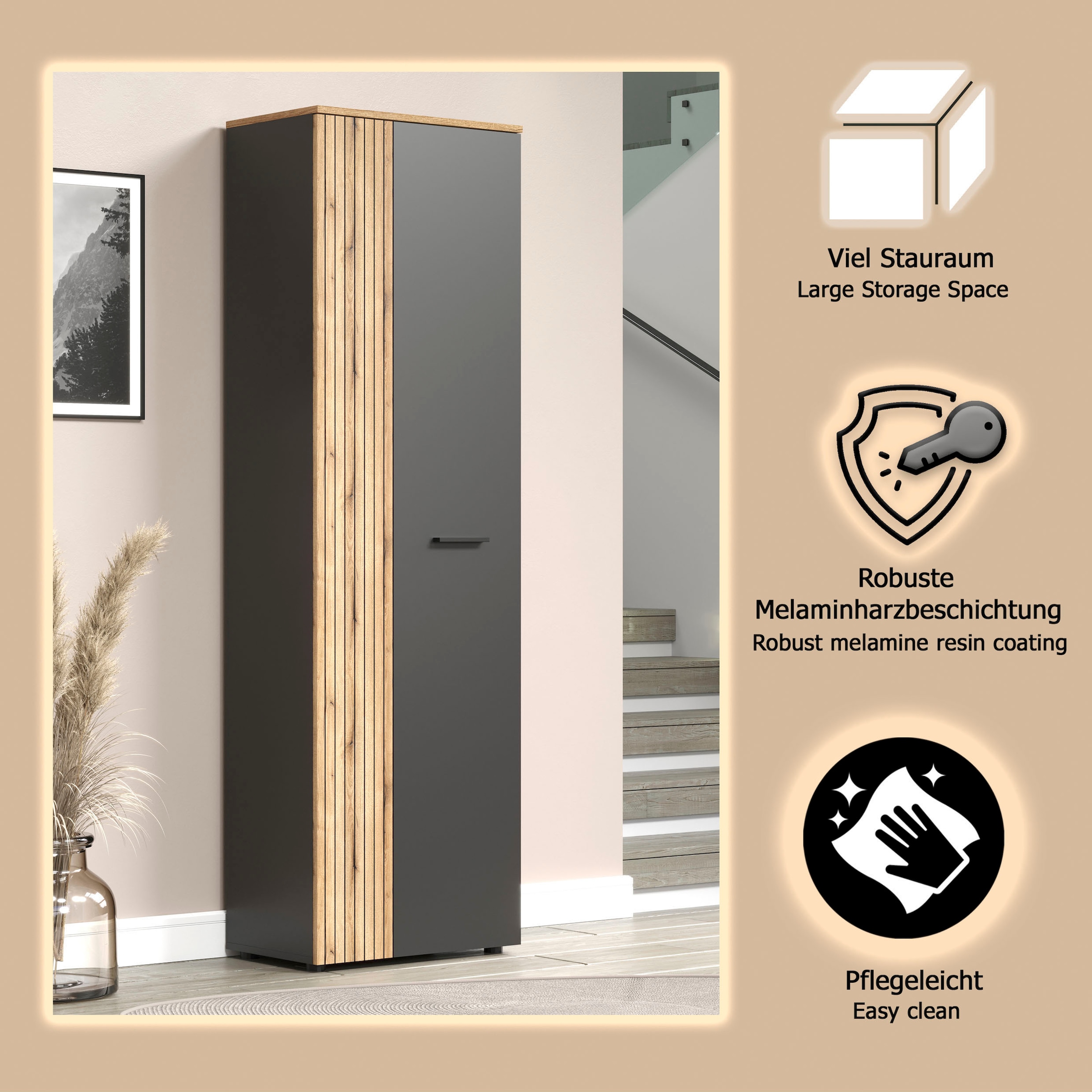 Home affaire Armoire vestiaire »Estepona« 1 cuis tlg. Flurschrank mit 2 Türen & 1 Kleiderstange – (B/T/H) 60/36/195 cm