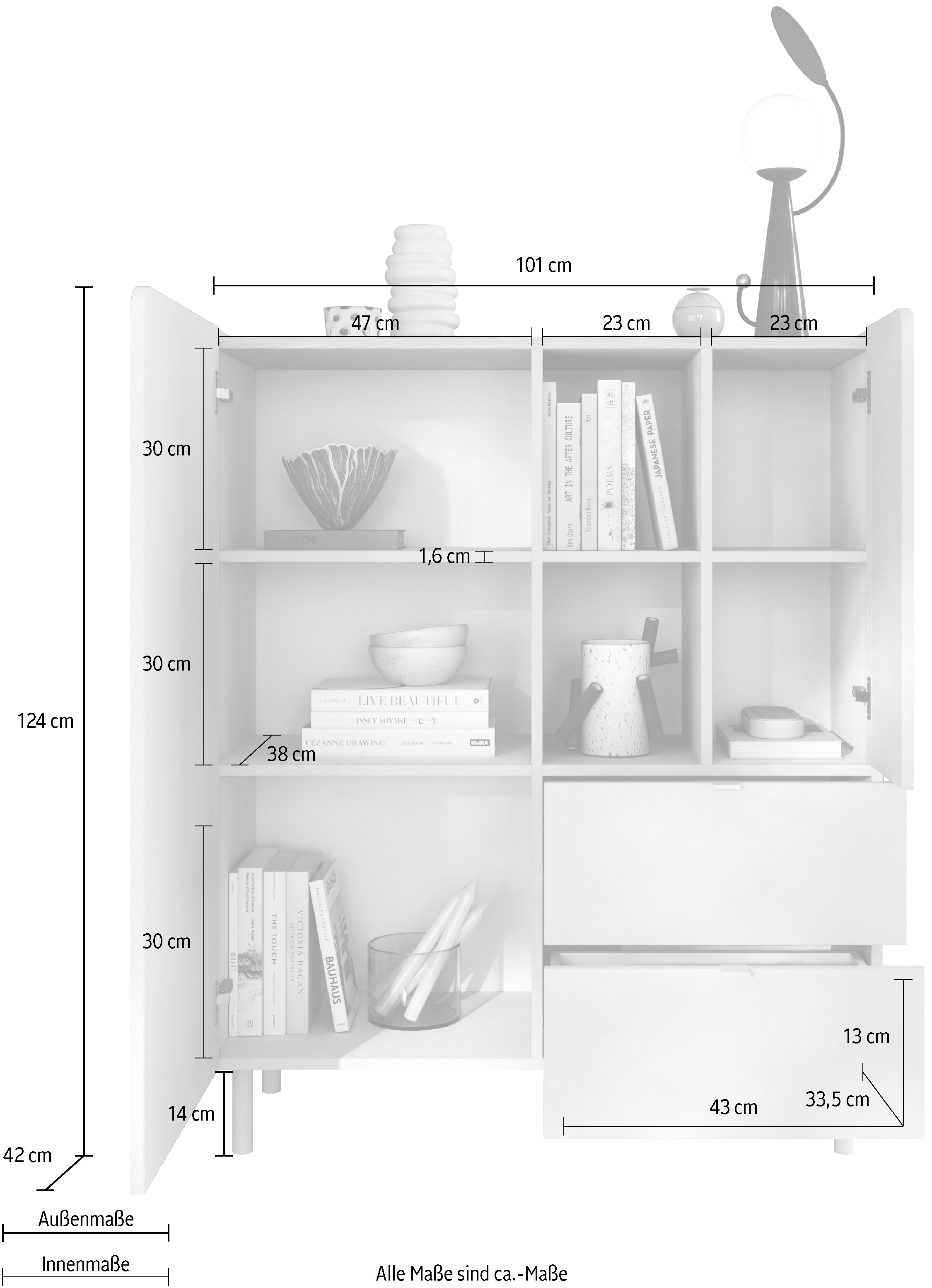 GOODproduct Highboard »Dobbiaco, B/H 101/124 cm, 2 Türen, 2 Schubkästen, Stauraumschrank« Innenliegendes Top, gerade Metallfüsse, Tür mit Rundung