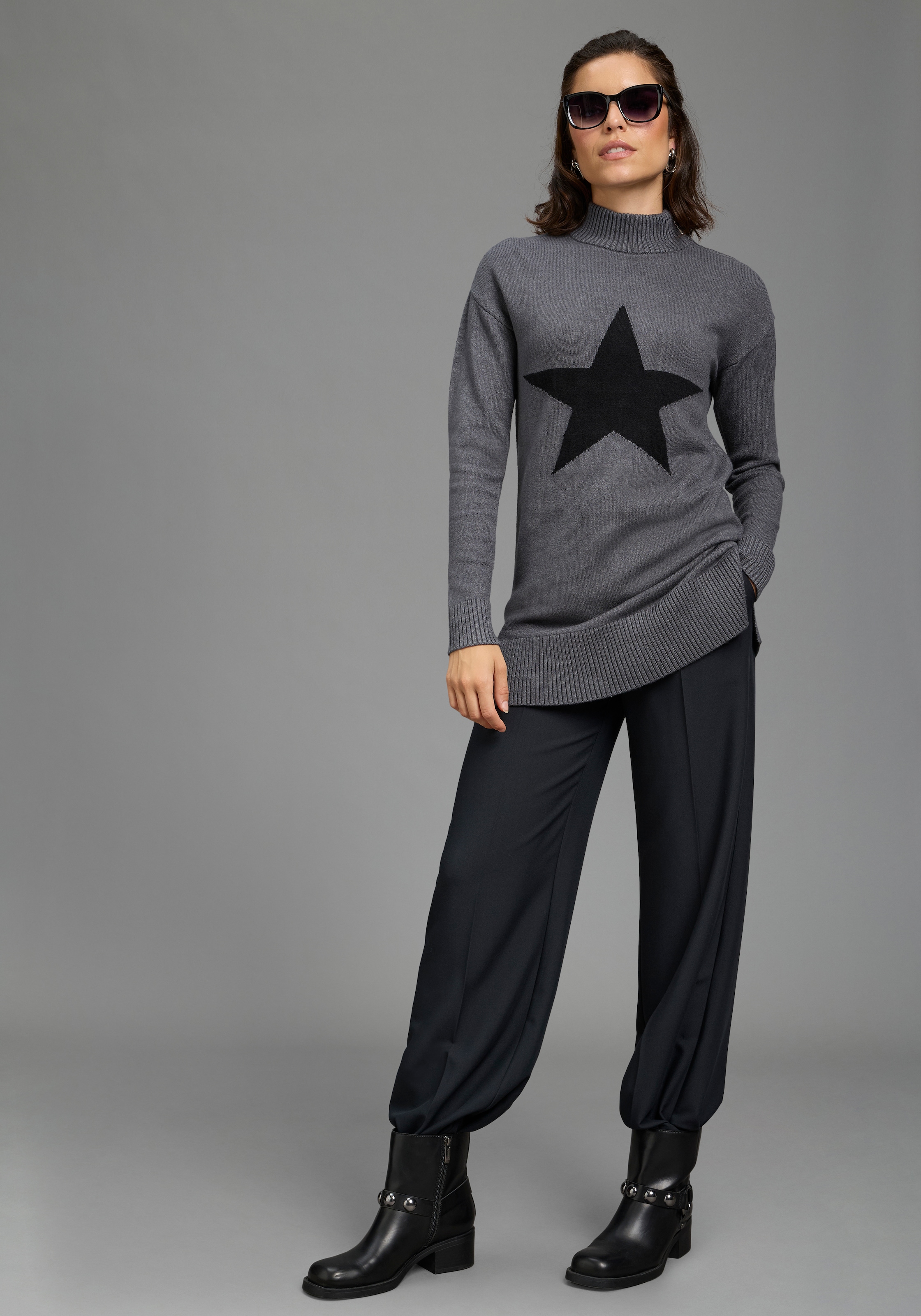 Laura Scott Strickpullover »mit Stehkragen und Reissverschluss, lässig geschnitten« mit Stern-Design