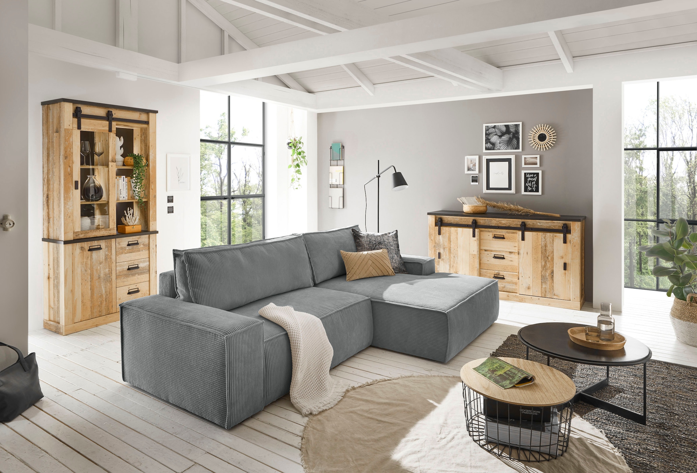 Home affaire Ecksofa SHERWOOD Schlafsofa 267 cm, L-Form, Schlaffunktion mit Bettkasten (210x136 cm), Cord, Vintage, Samtvelours