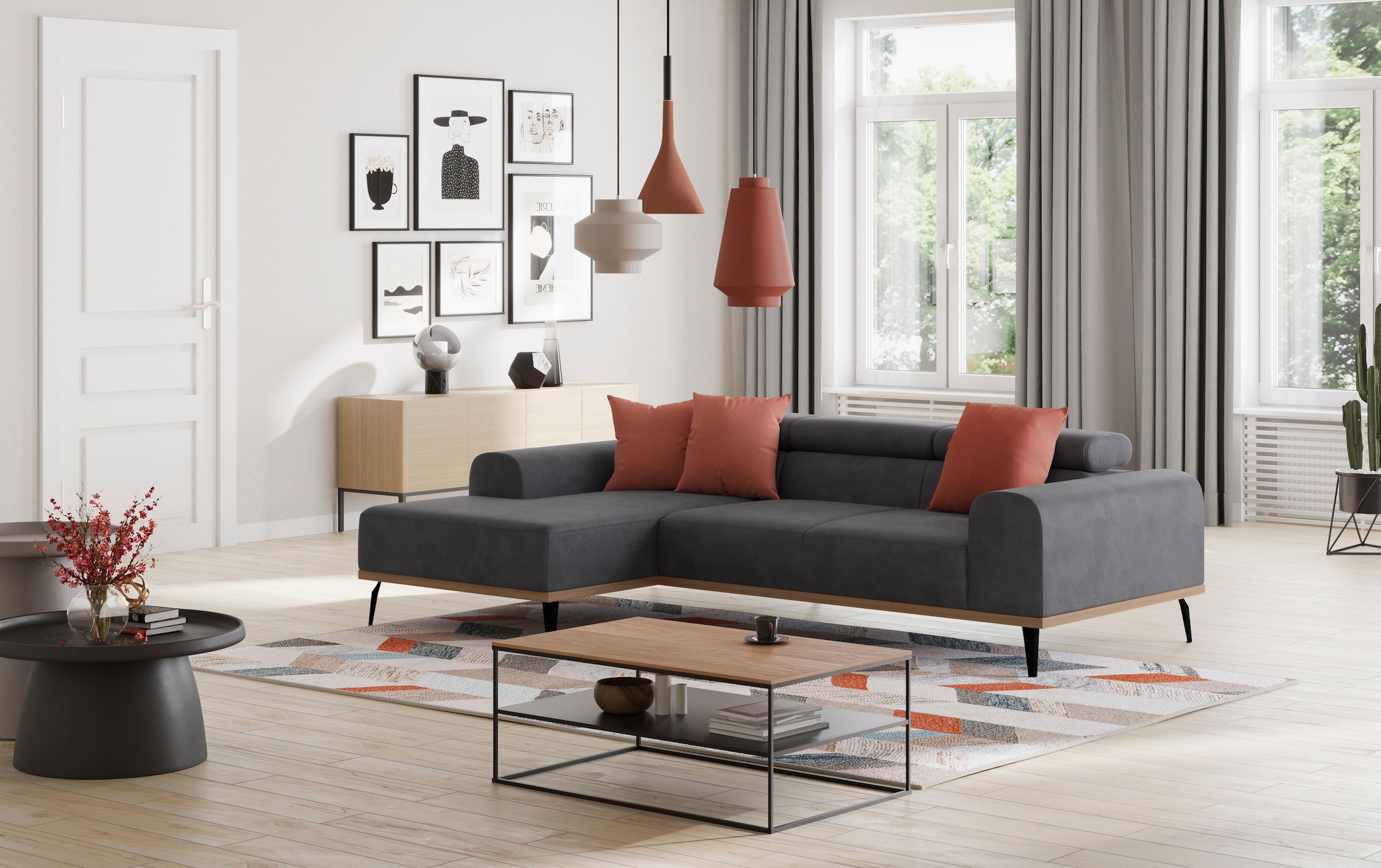 PLACES OF STYLE Ecksofa »Carlo L-Form« mit Kopfteilverstellung & Holz-Rahmenoptik, wahlweise Relaxfunktion