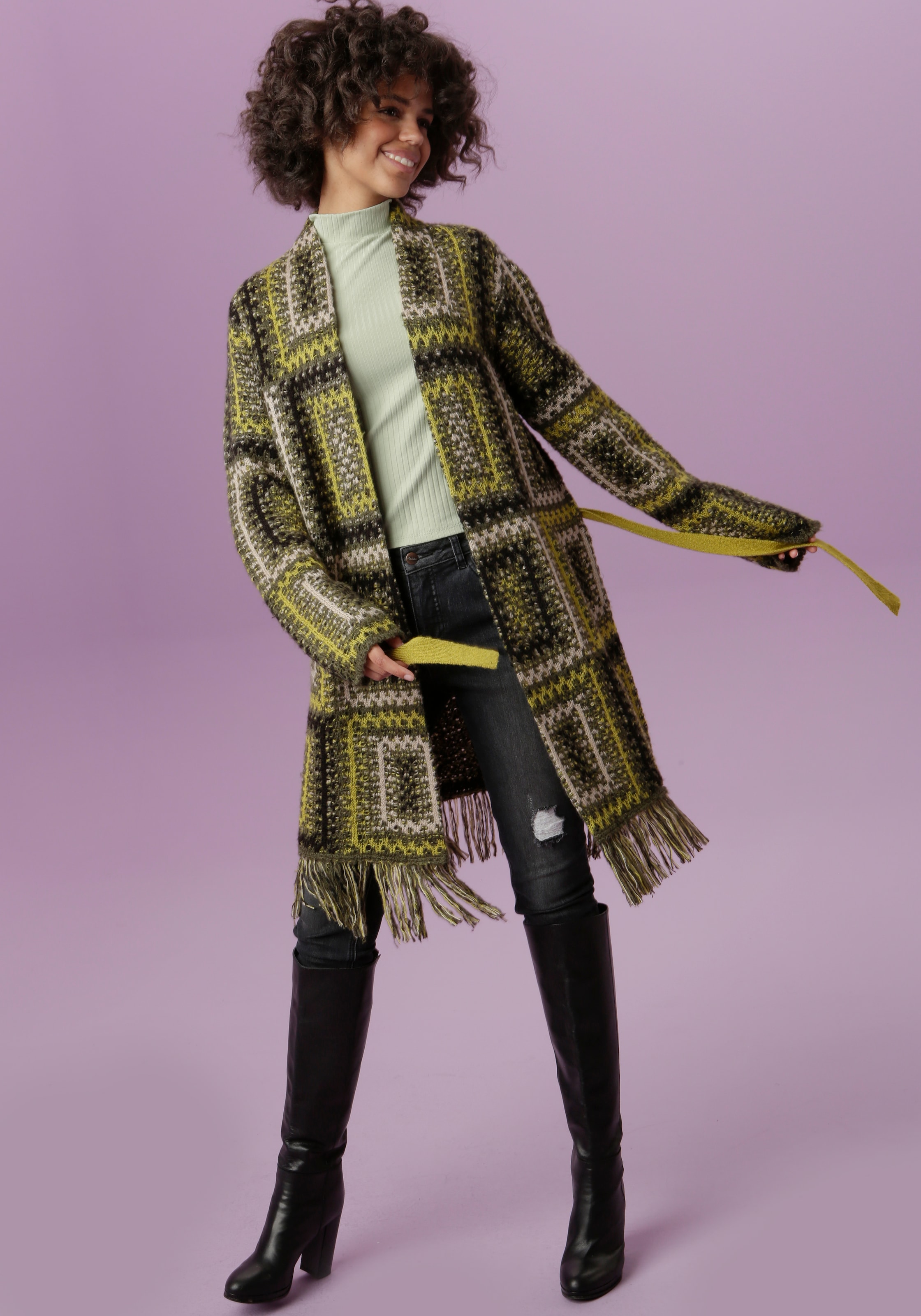 Image of Aniston CASUAL Strickjacke, (mit Bindegürtel), im Patch-Dessin mit Fransen am Saum - NEUE KOLLEKTION bei Ackermann Versand Schweiz