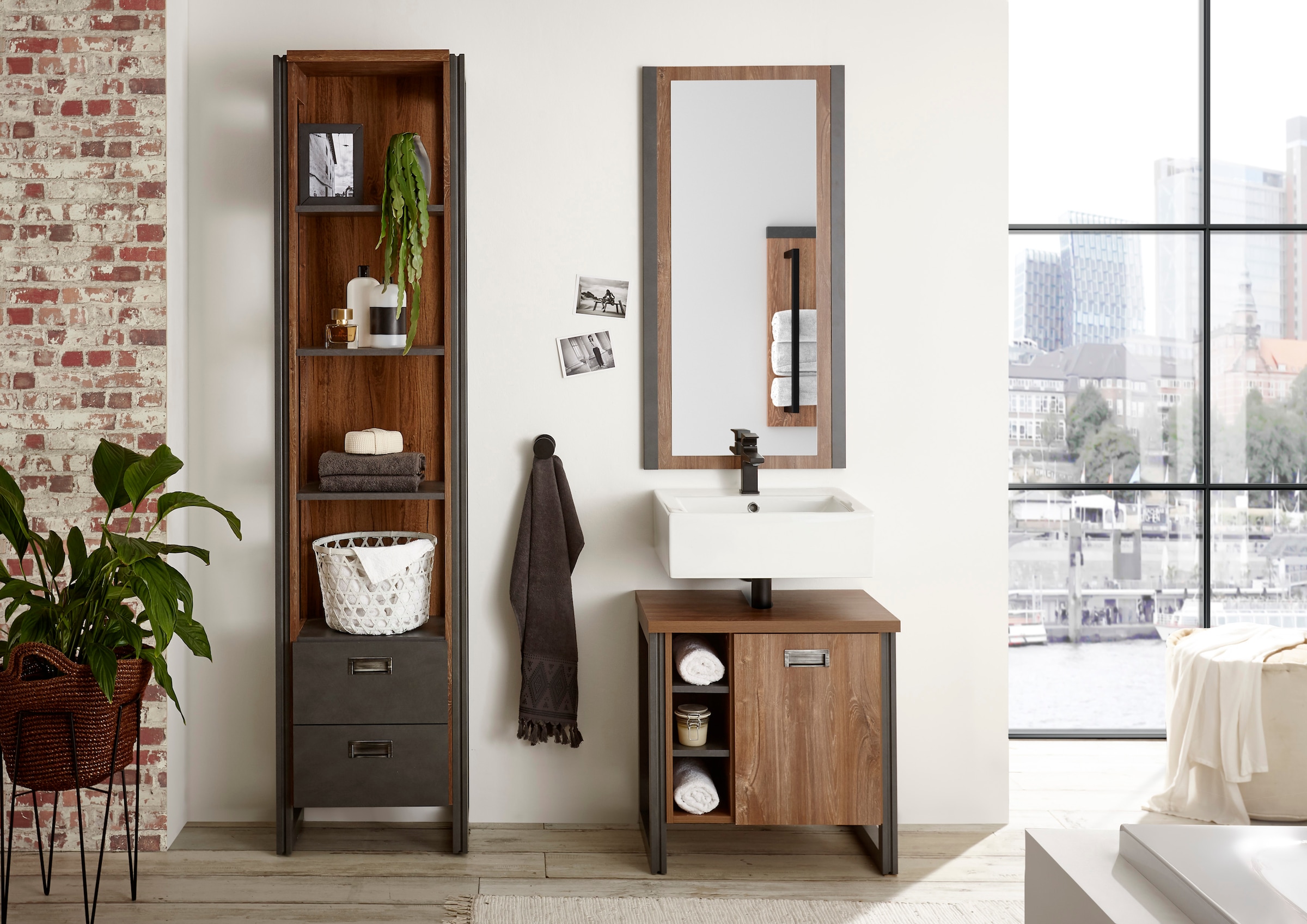 Home affaire Badmöbel-Set »Detroit, Bad im Industrialdesign, 3-teiliges Badezimmer«, (Set, 3 St.), Unterschrank, Regal & Spiegel, holzfarben, offene Fächer & Stauraum