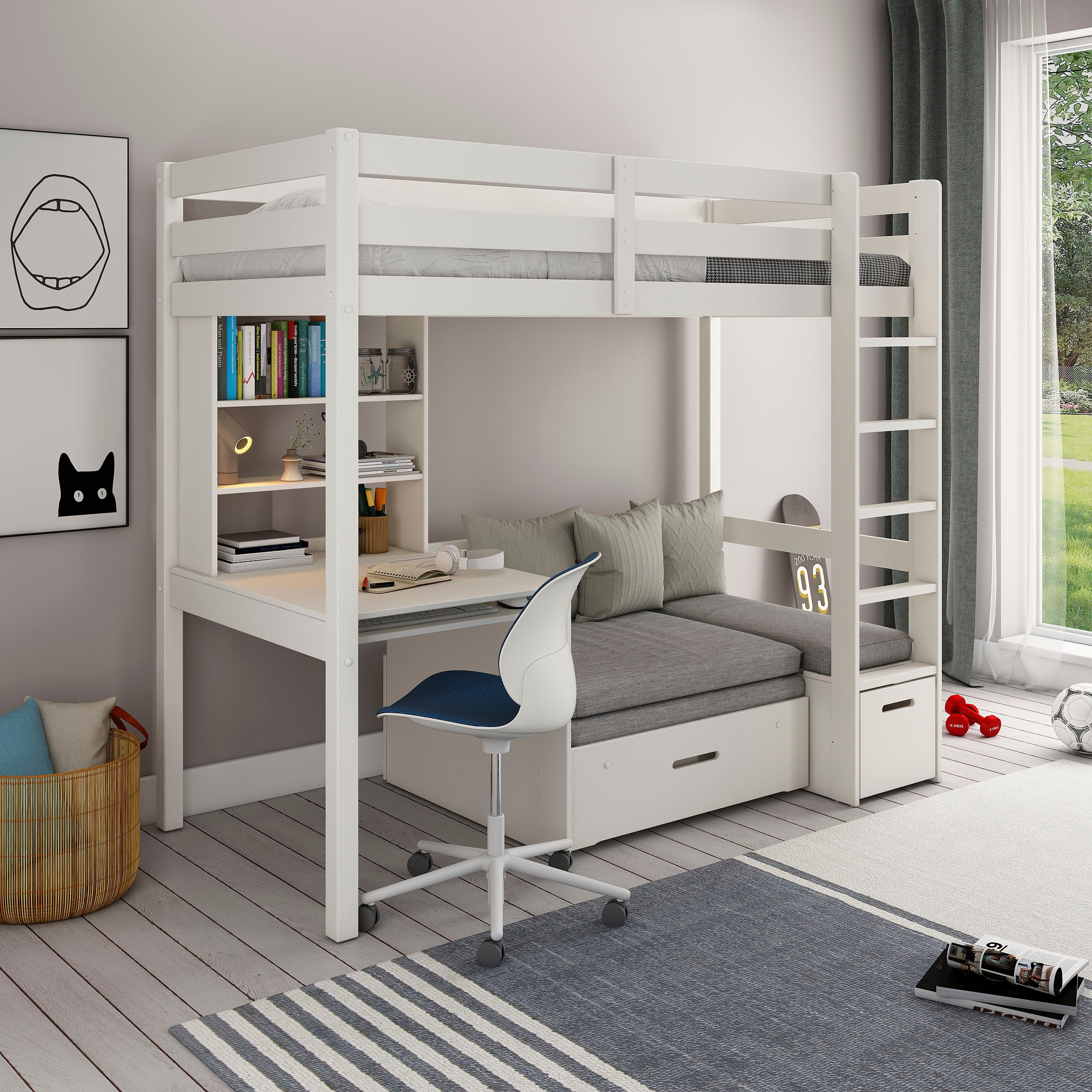 Lüttenhütt Etagenbett »Stockbett, Doppelstockbett "HENNE " zertifiziertes Massivholz«, mit Schreibtisch, Regale, ausziehbarem Sessel,OHNE MATRATZEN/AUFLAGEN!