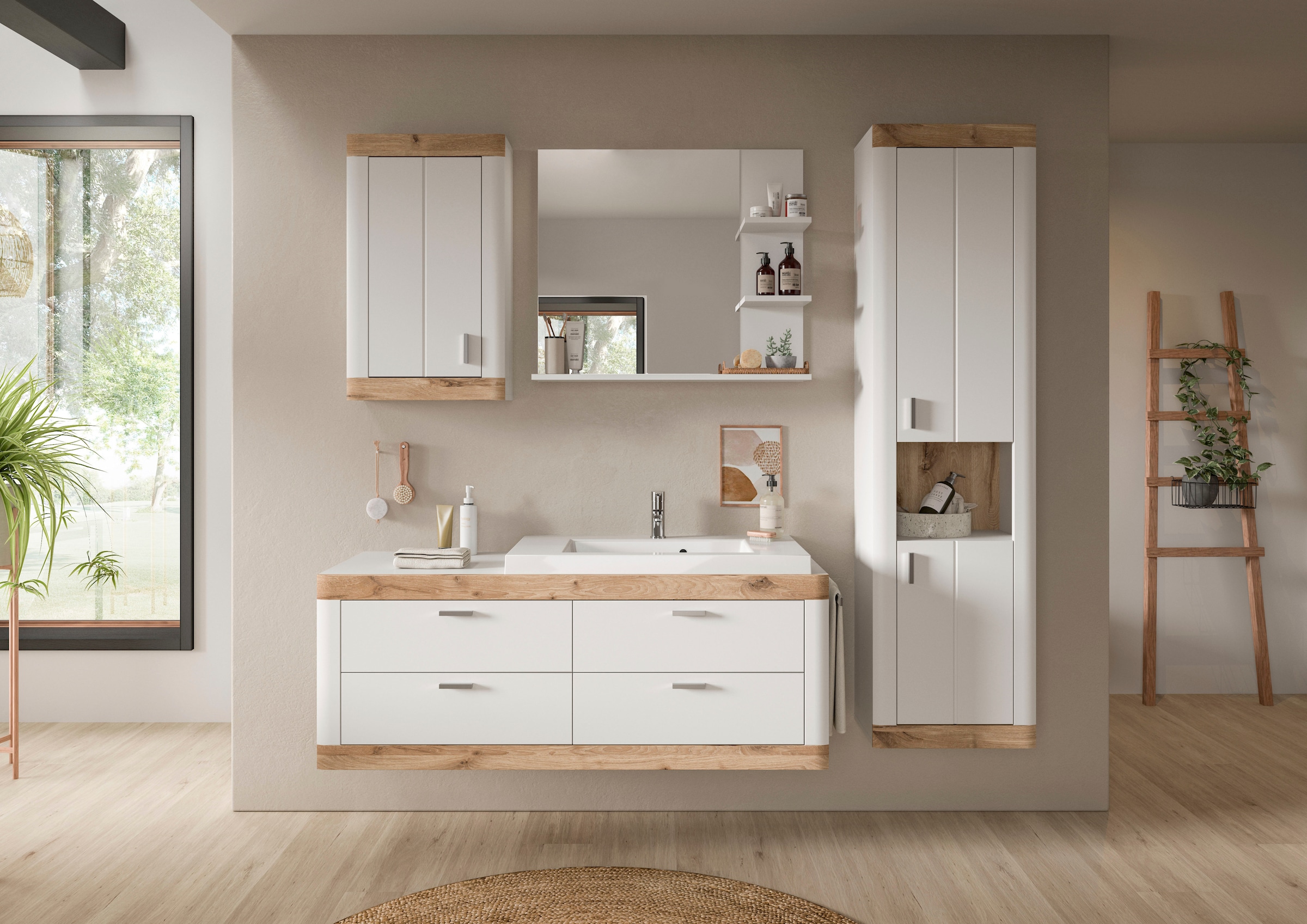 Home affaire Badmöbel-Set »Landsby, 3 teilig, inklusive Mineralguss-Waschbecken, bestehend aus:«, (Set, 3 St.), Waschtisch inkl. Waschbecken, Hängeschrank, Badspiegel