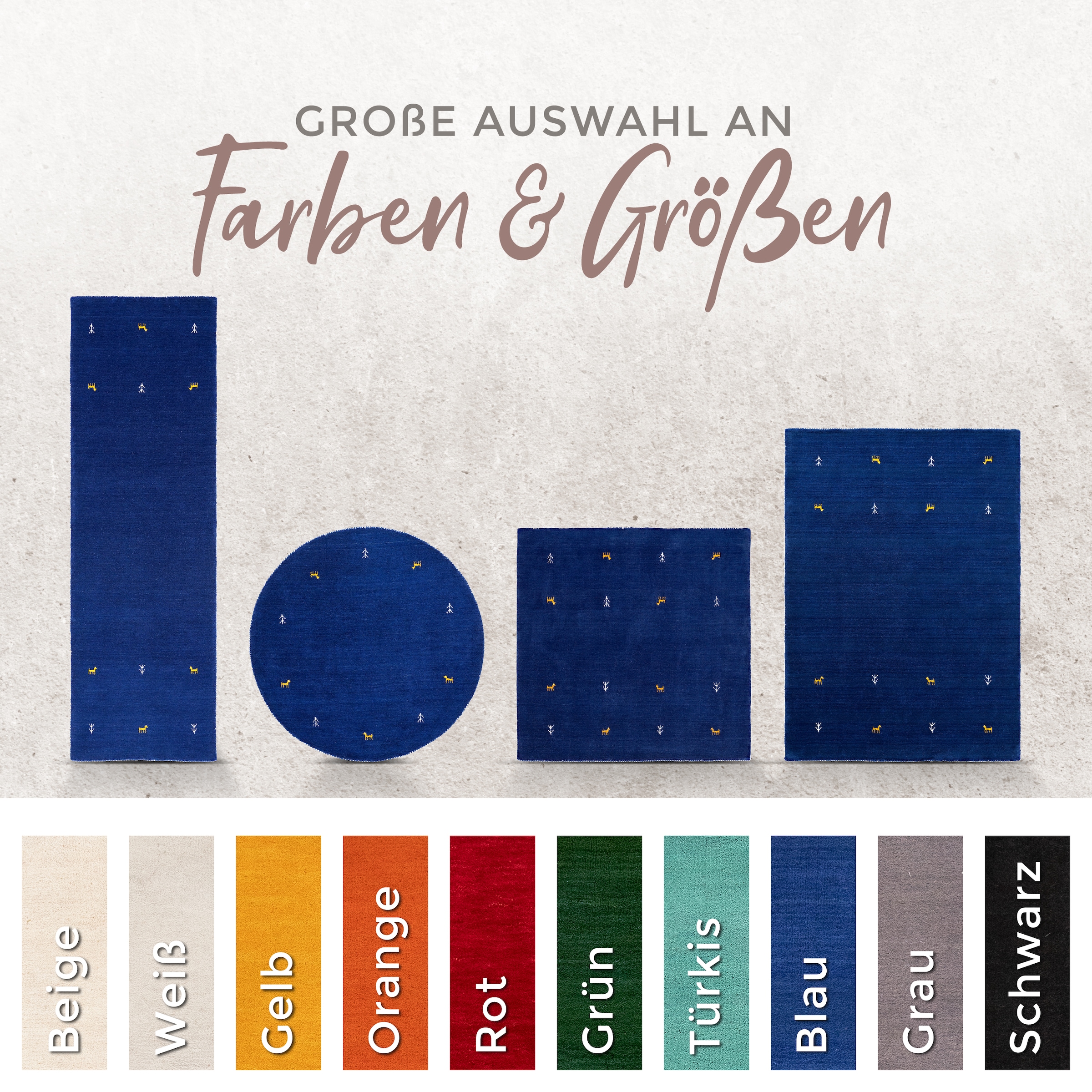 carpetfine Wollteppich »Gabbeh-Uni« quadratisch 15 mm Höhe reine Wolle, handgewebt, Gabbeh Loom Tiermotiv, Sonderform Quadrat