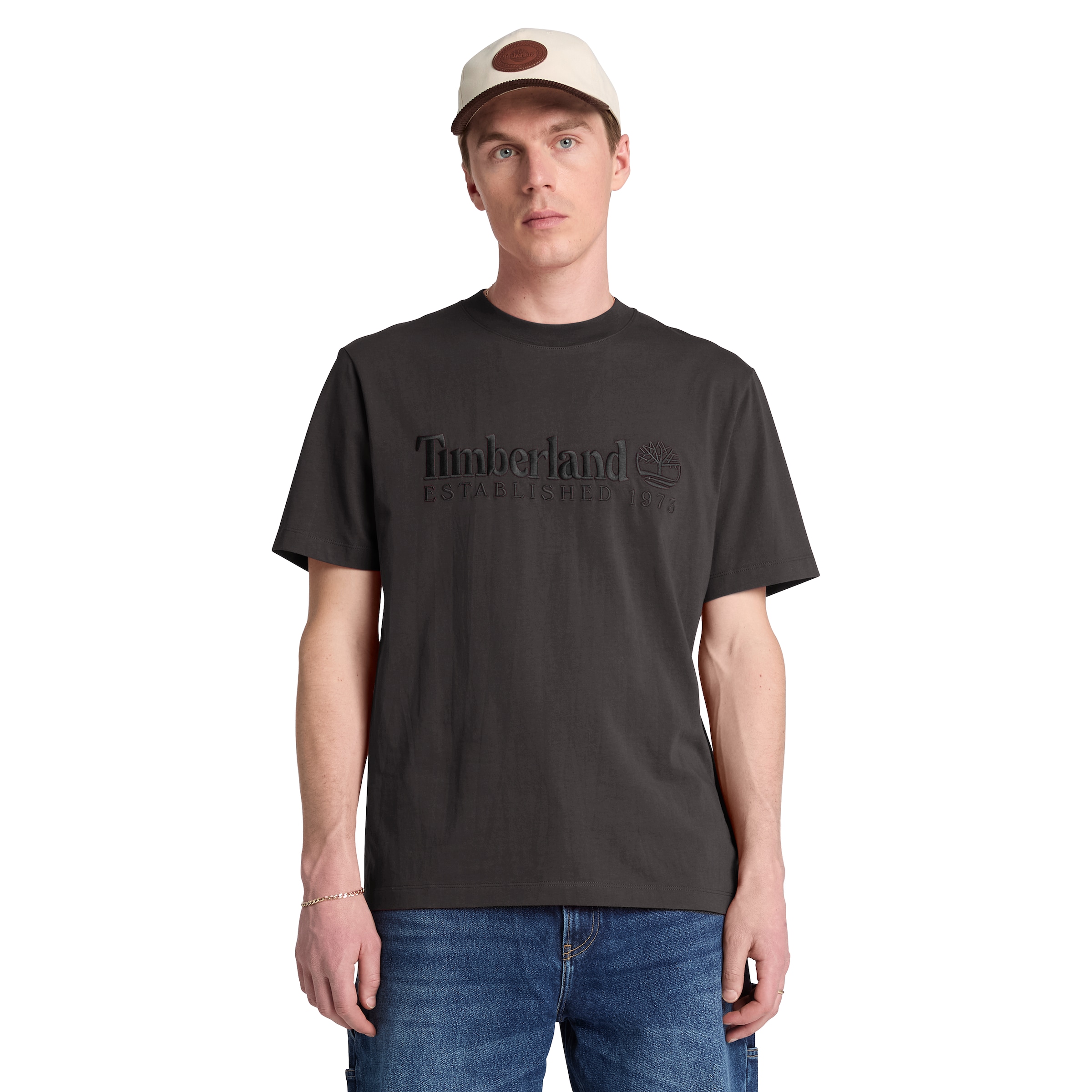 Image of Timberland T-Shirt "ESTABLISHED 1973 - SS Embroidered Tee" Kurzarm, mit Rundhalsausschnitt, aus Baumwolle, normale Schnittform