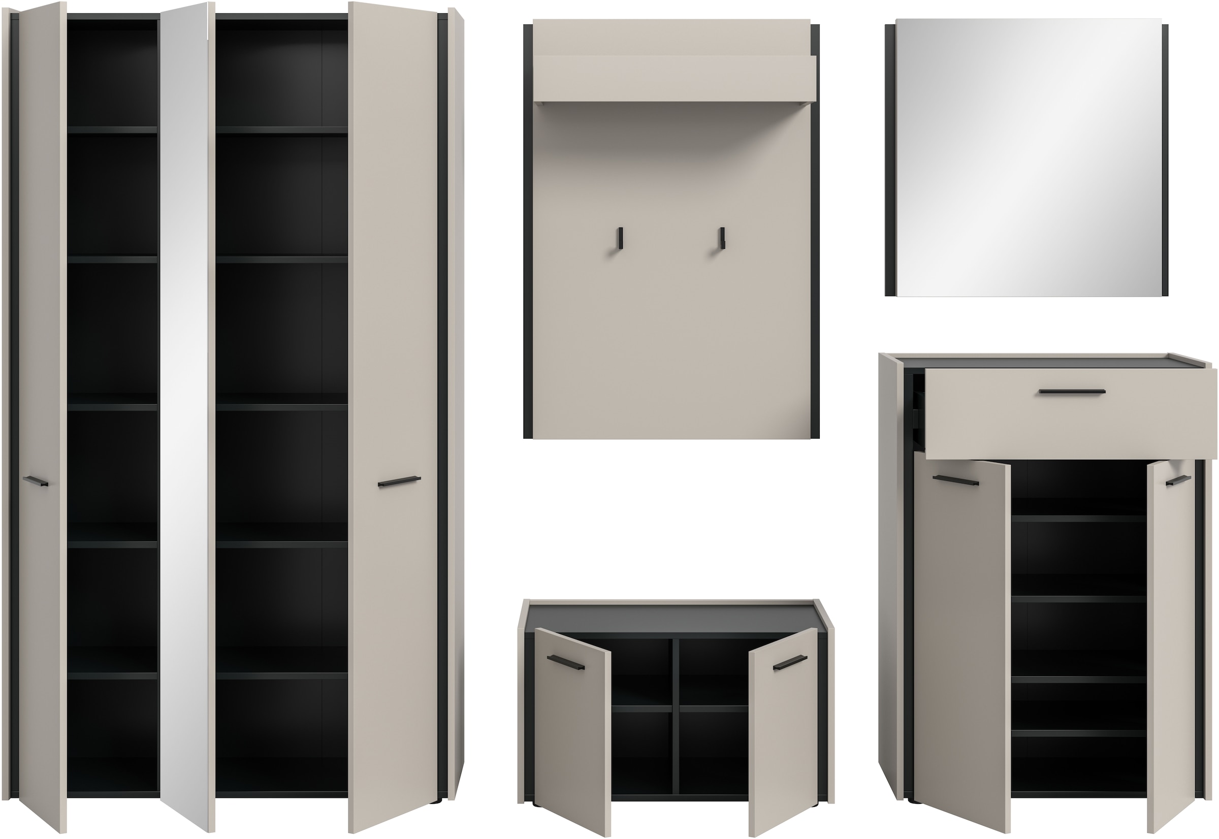 Home affaire Garderoben-Set »RAK, 5-teilige Garderoben-Kombination, Breite ca. 287 cm« Garderobenschrank, Sitzbank, Garderobenpaneel, Schuhkommode, Spiegel, 5 Stk. tlg.