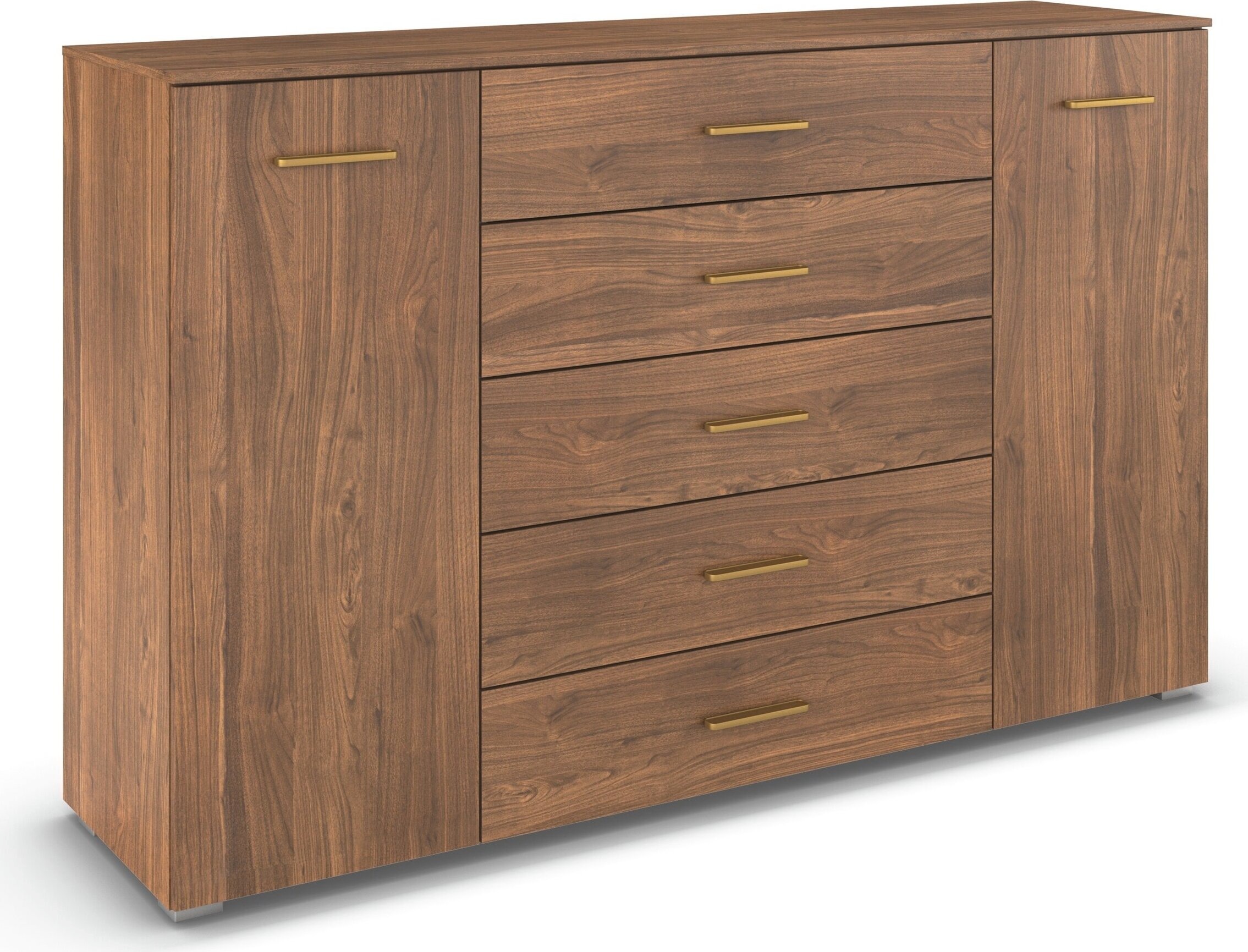 Image of GOODproduct Kombikommode "Sideboard Kommode Schubladen SCHNELLMONTAGESYSTEM ZELLARA by rauch-ONE" Nussbaum, 2-türig 5 Schubladen, Griffe Gold aus Metall MADE IN GERMANY