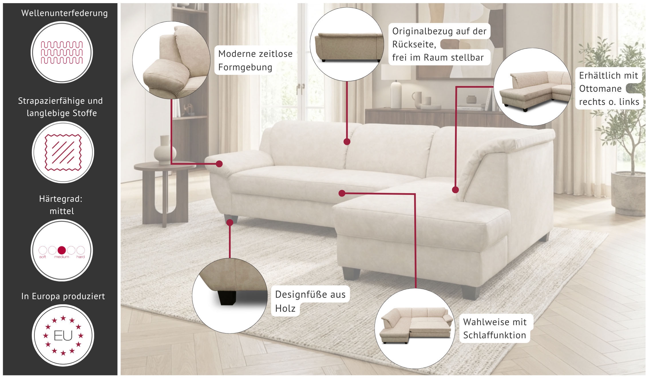 GOODproduct Ecksofa »Sillkeborg 254 x 186 cm, formschönes Sofa mit dunklen Füssen« aus pflegeleichtem, weichem Luxus-Microfaser