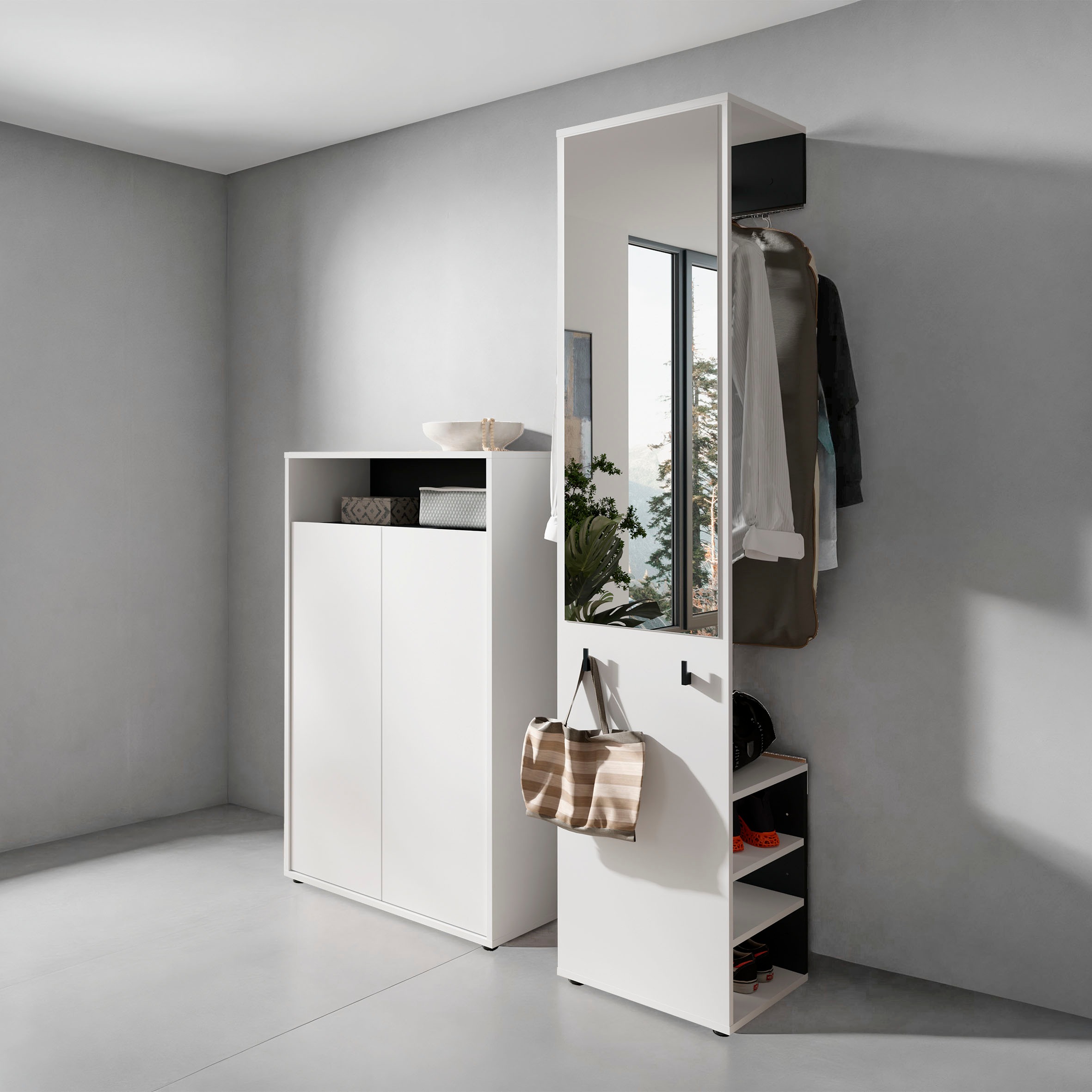 Image of byLIVING Garderoben-Set "Lyon, platzsparender Garderobenschrank mit grossem Spiegel" Set