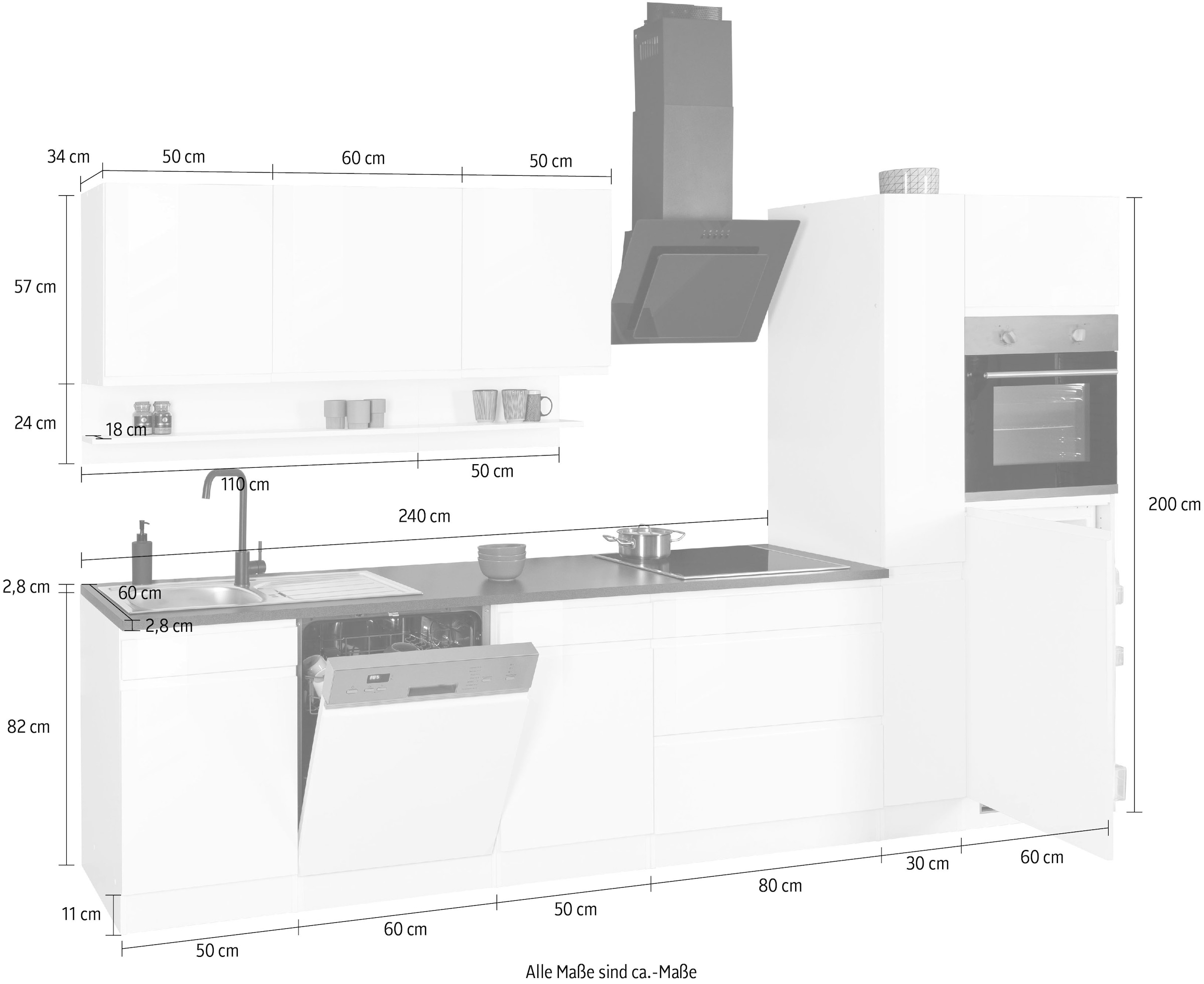 KOCHSTATION Küchenzeile »KS-Virginia,neu in verbesserter Ausführung« Arbeitsplatte 38 mm stark, Stauraum, Softclose,  Breite 330 cm, Soft-Close, ohne E-Geräte