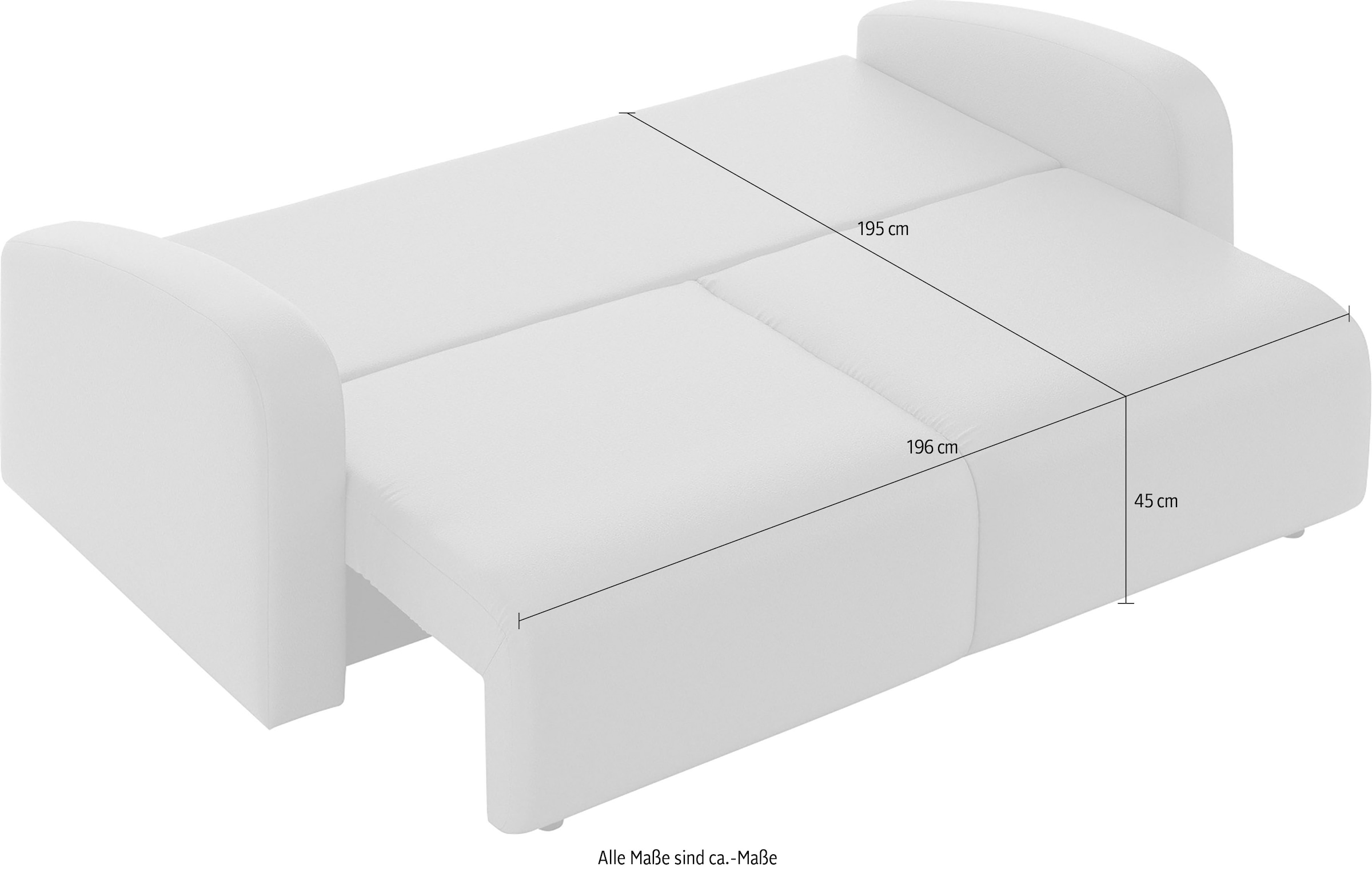 INOSIGN 3-Sitzer »JIGGS wahlweise Schlafsofa mit Bettkasten, Masse B/H/T: 228/96/110 cm«, Sofa mit Wellenunterfederung, enthält 2 Rückenkissen und 2 Zierkissen