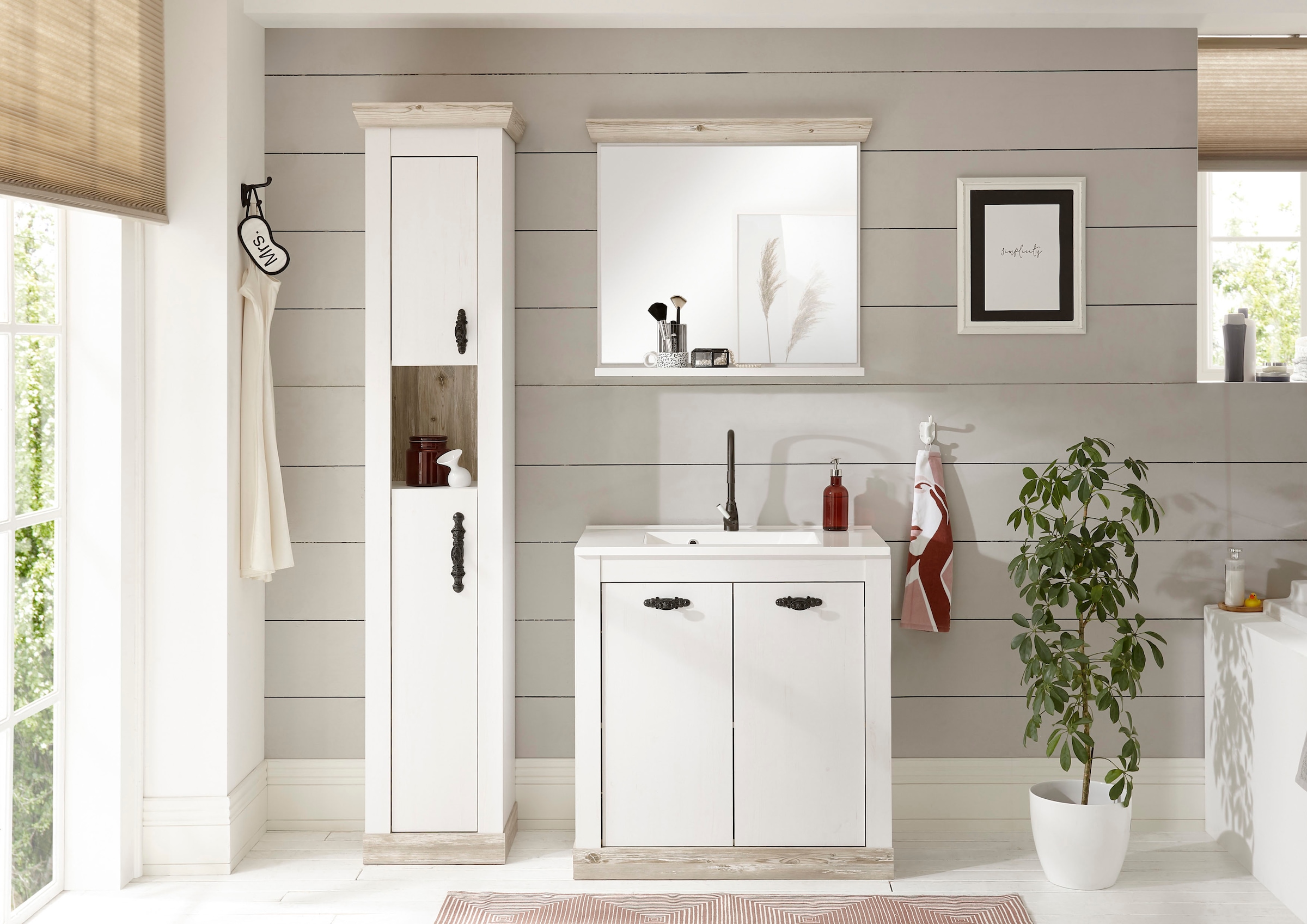 Home affaire Badmöbel-Set »Florenz, Bad im Landhausstil, 3-teiliges Badezimmer«, (3 St.), Waschtisch, Schrank und Spiegel mit Ablage, in Pinie Weiss, Stauraum