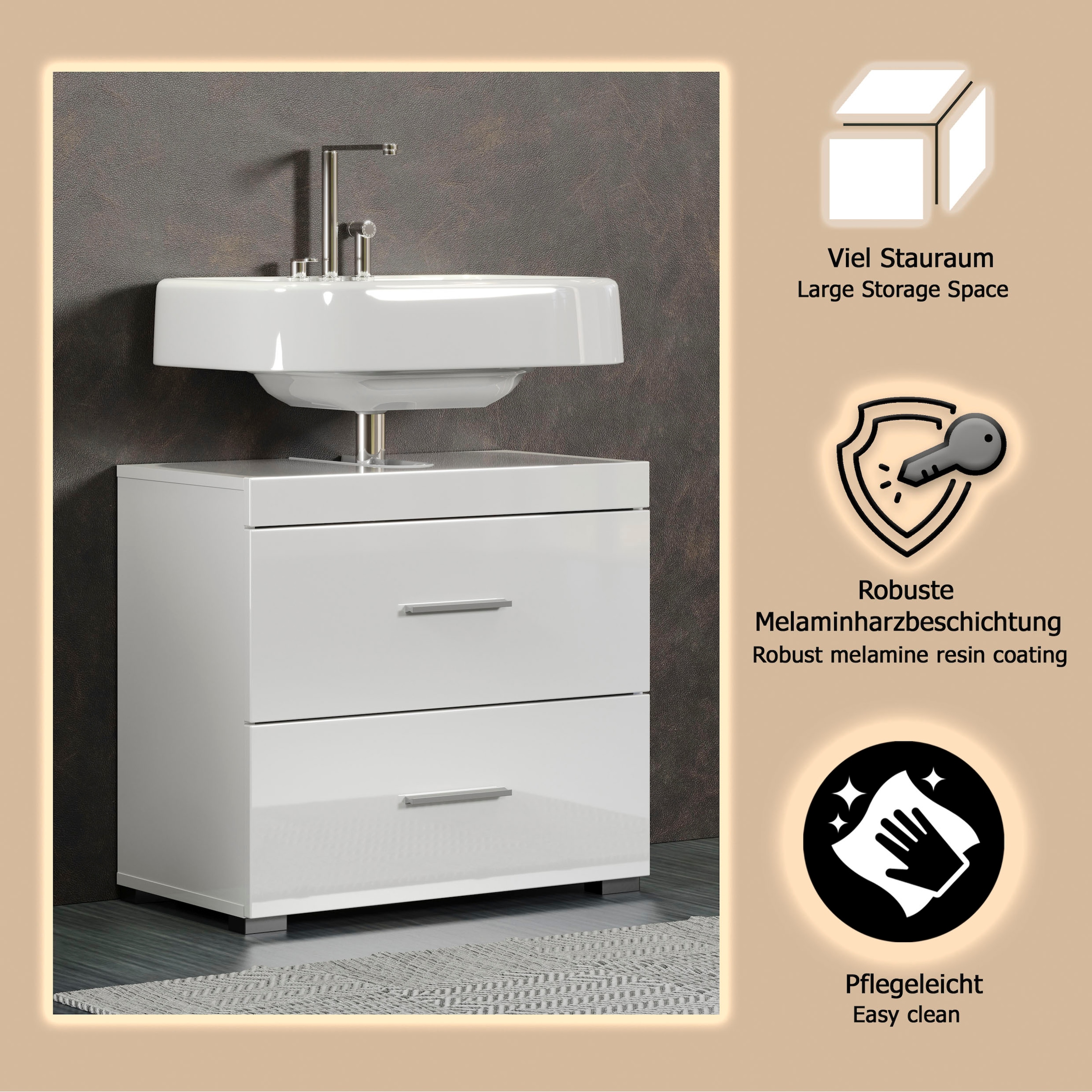 welltime Waschbeckenunterschrank »Avena« 1 Stk. tlg. Waschtisch mit 2 Schubkästen – (B/T/H) 60/34/56 cm