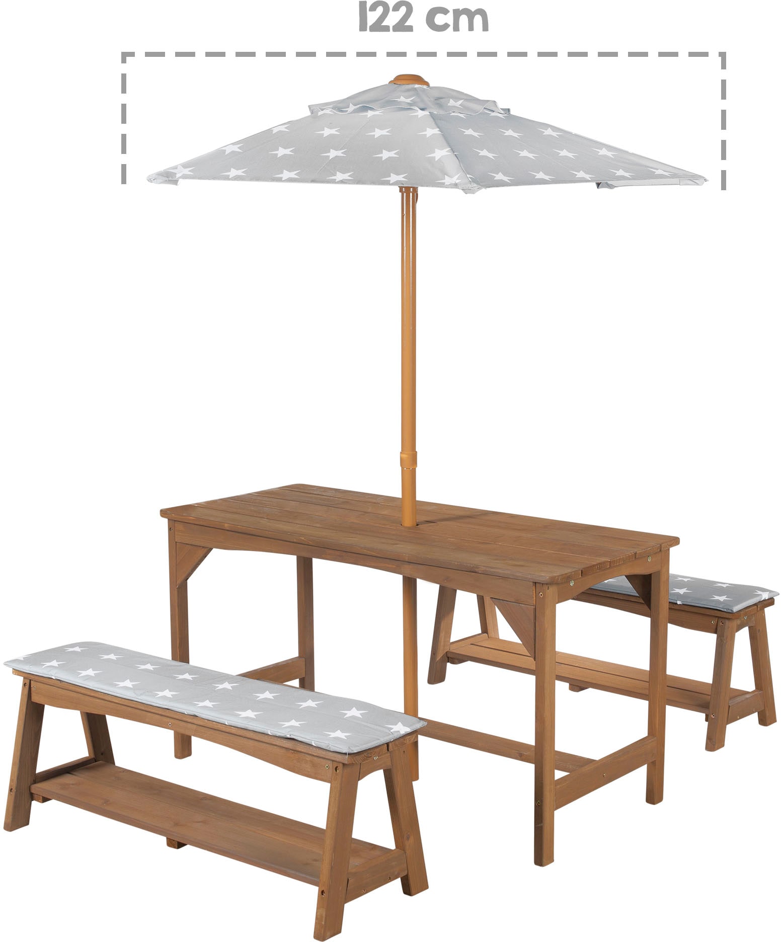 roba® Garten-Kindersitzgruppe »Outdoor+« Set, 3 Stk. tlg. Tisch und 2 Bänke mit Sitzauflage, Schirmset