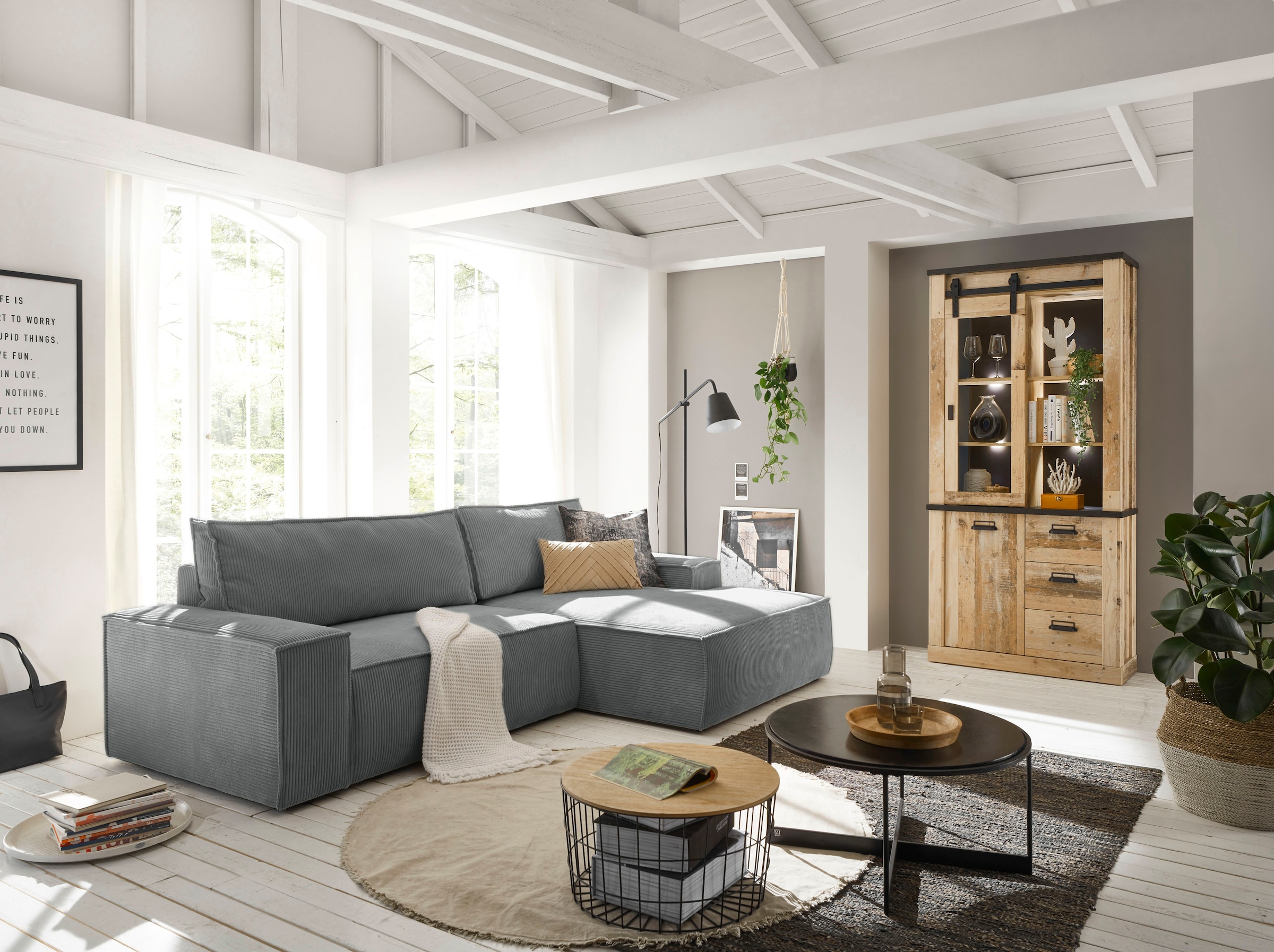 Home affaire Ecksofa SHERWOOD Schlafsofa 267 cm, L-Form, Schlaffunktion mit Bettkasten (210x136 cm), Cord, Vintage, Samtvelours