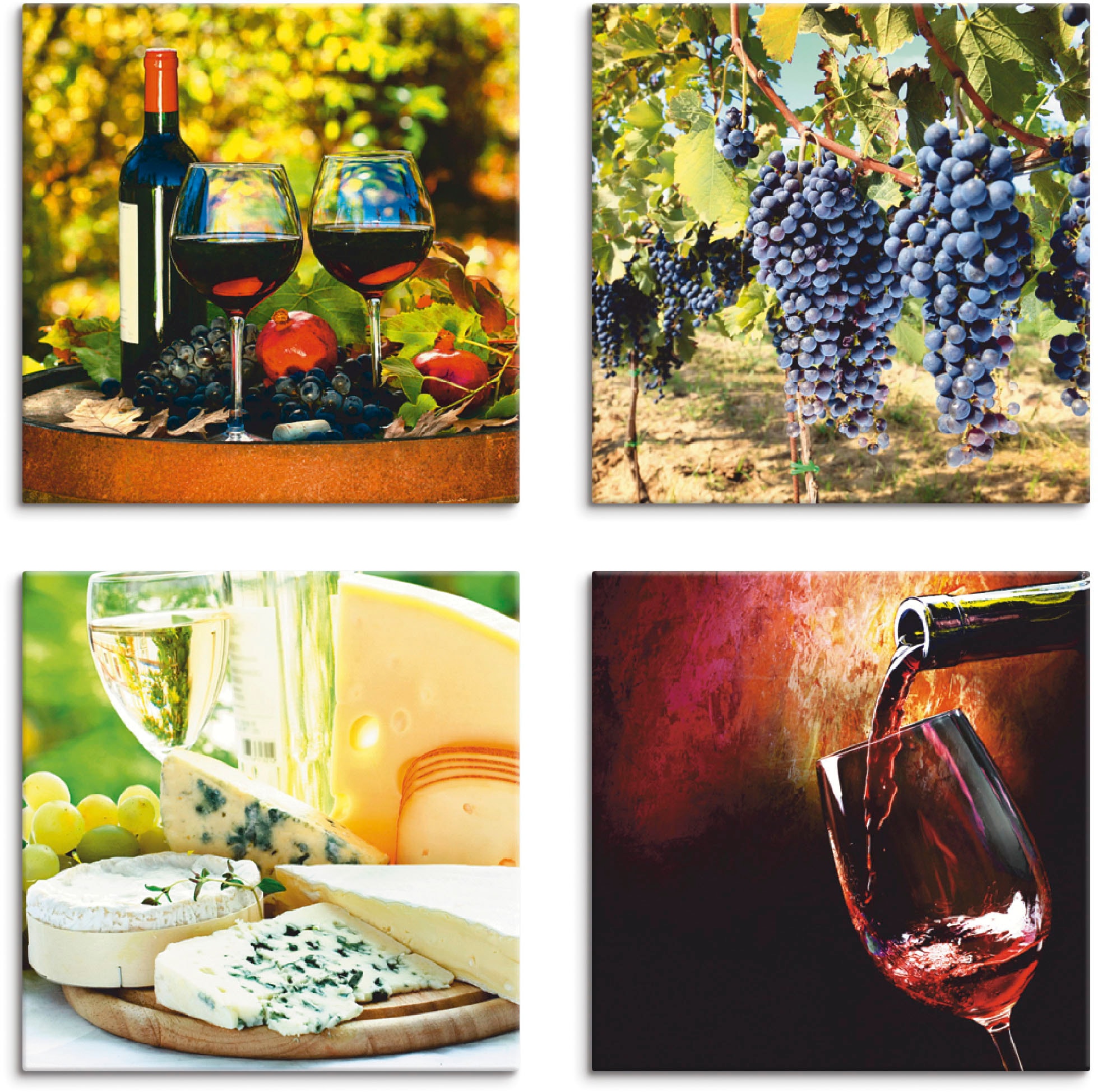 Leinwandbild »Gläser Rotwein, Trauben, Käse«, Getränke, (4 St.), 4er Set, verschiedene...