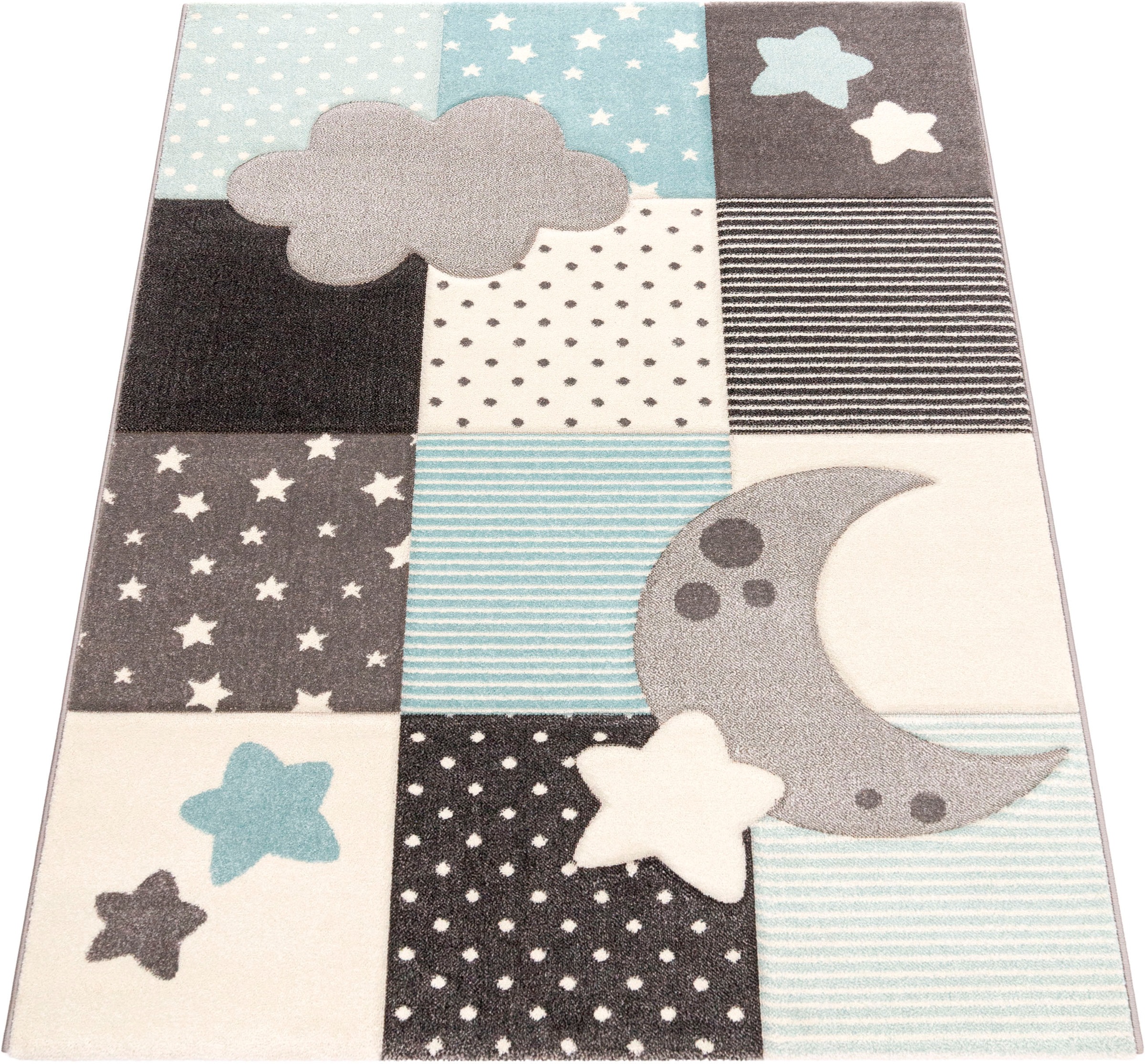 Image of Paco Home Kinderteppich »Cosmo 755«, rechteckig, 18 mm Höhe, 3D-Design, Patchwork Muster, Motiv Sterne, Wolken & Punkte, Pastell-Farben, Kinderzimmer bei Ackermann Versand Schweiz