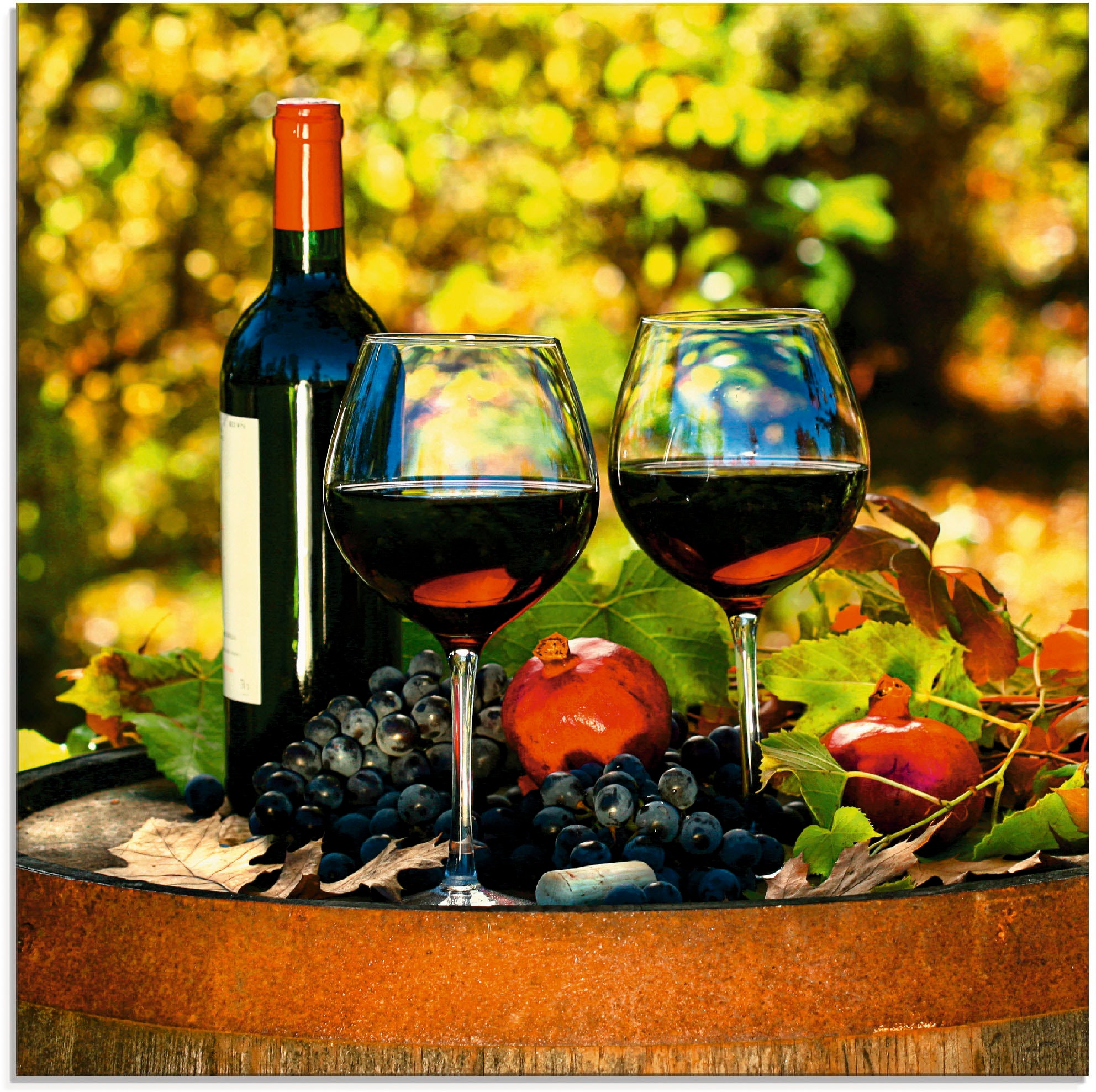 Image of Artland Glasbild "Gläser Rotwein auf altem Fass" Getränke 1 Stk. tlg. in verschiedenen Grössen