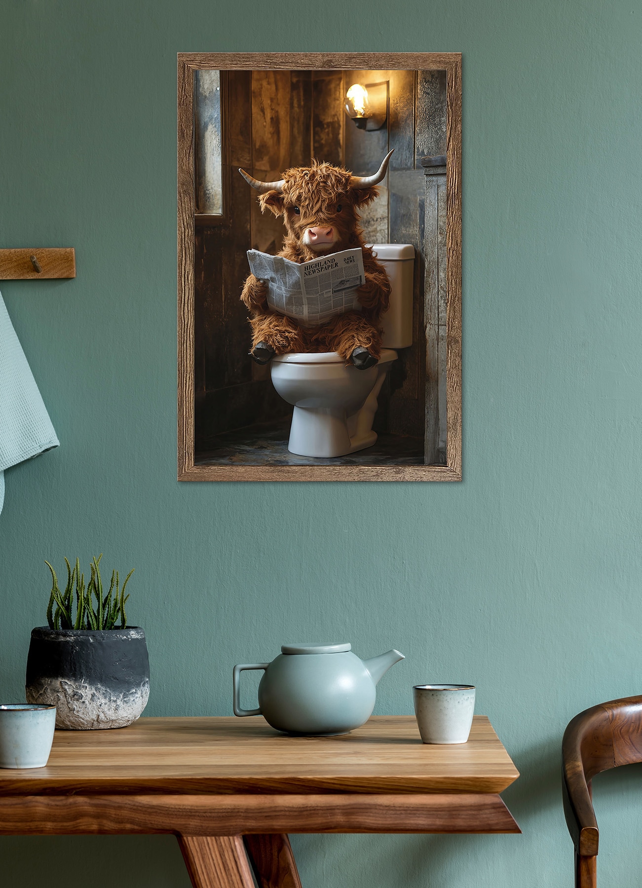Bönninghoff Bild mit Rahmen »Wandbild gerahmt HIGHLAND NEWS 50x70 cm – Lustiges Hochlandrind Bad« Hochlandrind | Humor | Tiere 1 Stk. tlg. mit dekorativem Rahmen