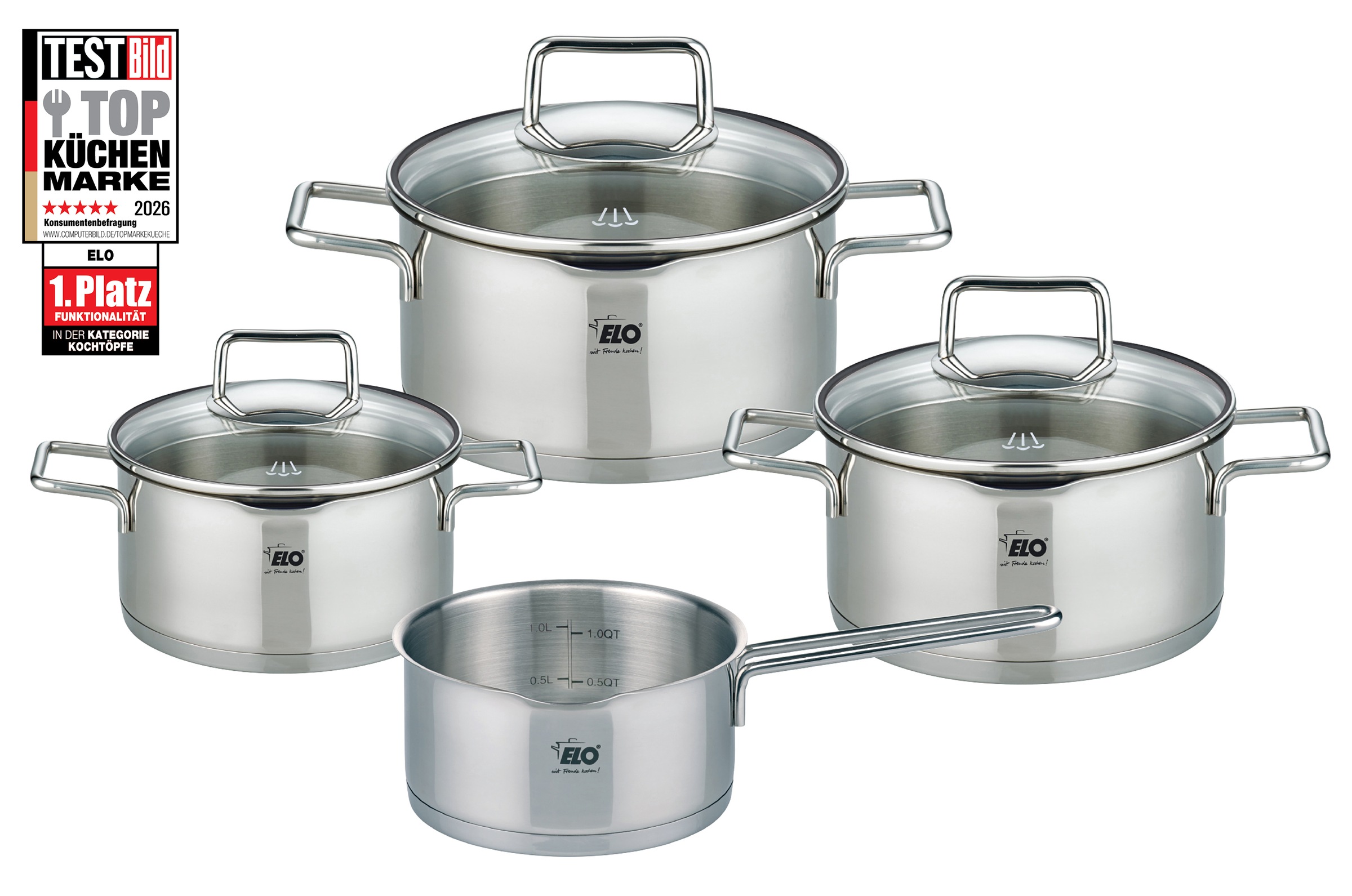 Image of Elo Topf-Set "Smart Steam" Set, je 1 Fleischtopf Ø 16/20/24 cm, 1x Stieltopf Ø 16 cm, 7 Stk. tlg. Edelstahl 18/10