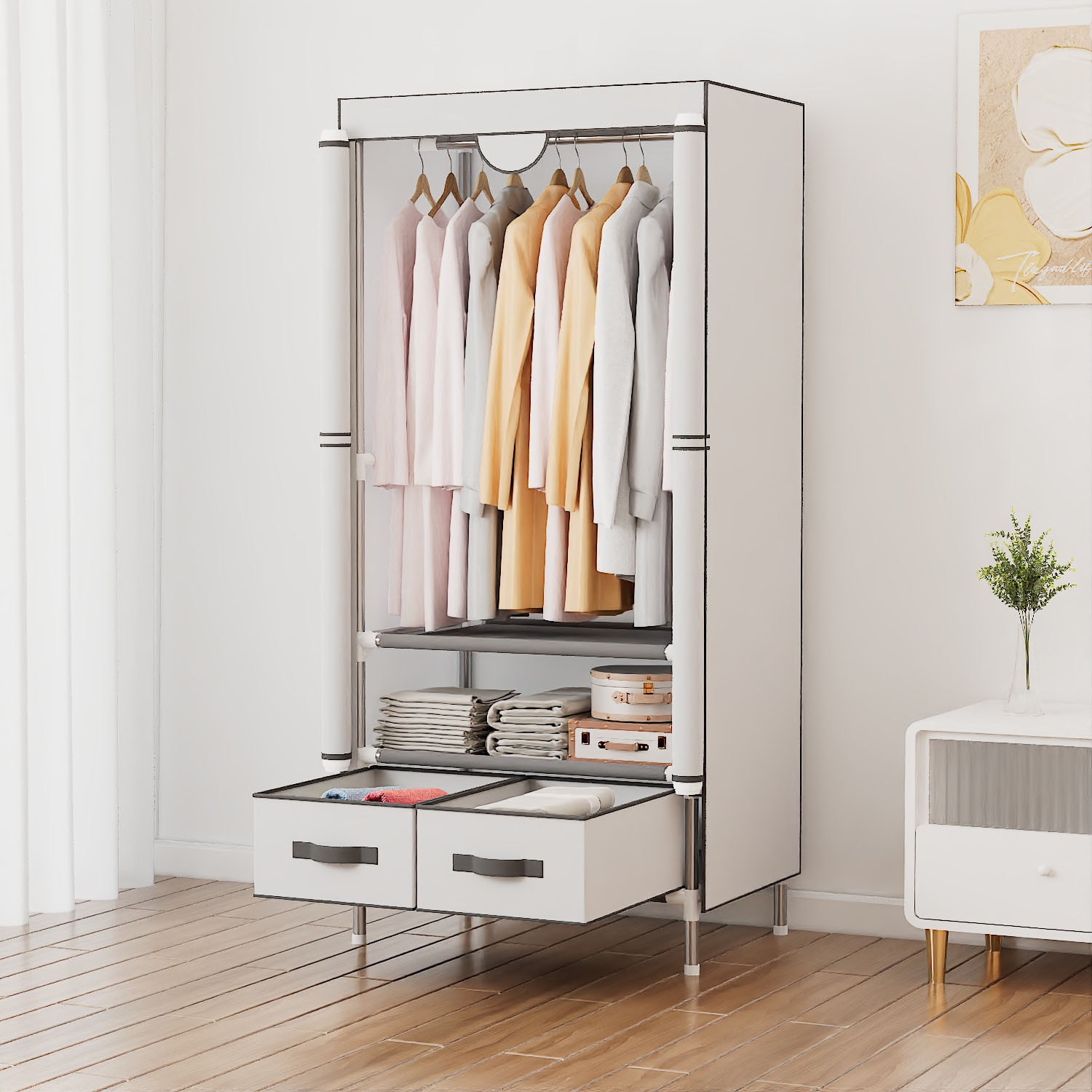 INOSIGN Kleiderschrank »Stockholm Stoffkleiderschrank Bestseller in diversen Ausführungen«, (Stabile Konstruktion mit Schubladen in vielen Breiten erhältlich), Schlafzimmer Garderobe Schrank Stoffkleiderschrank mit viel Stauraum