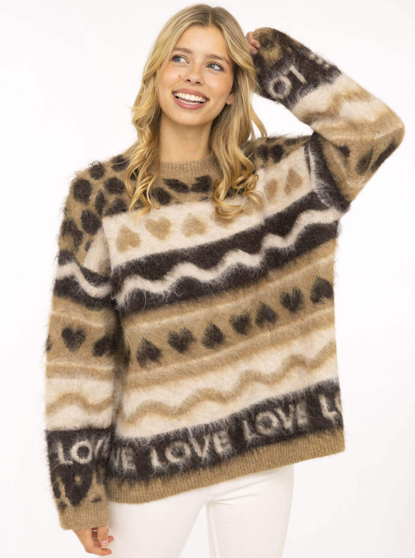 Image of Zwillingsherz Strickpullover ""LEO LOVE"" auffallender Mustermix, Rundhals, oversize, komfortables Strick