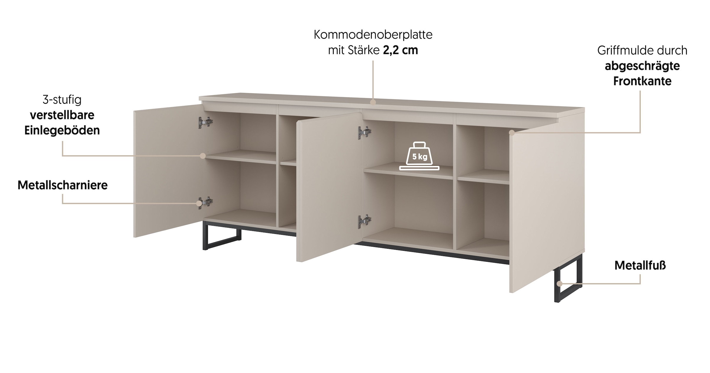 GOODproduct Sideboard »Modo II, Breite 200 cm, moderne grifflose Kommode 4Türen« Anrichte mit viel Stauraum, Einlegeböden verstellbar, Metallkufen