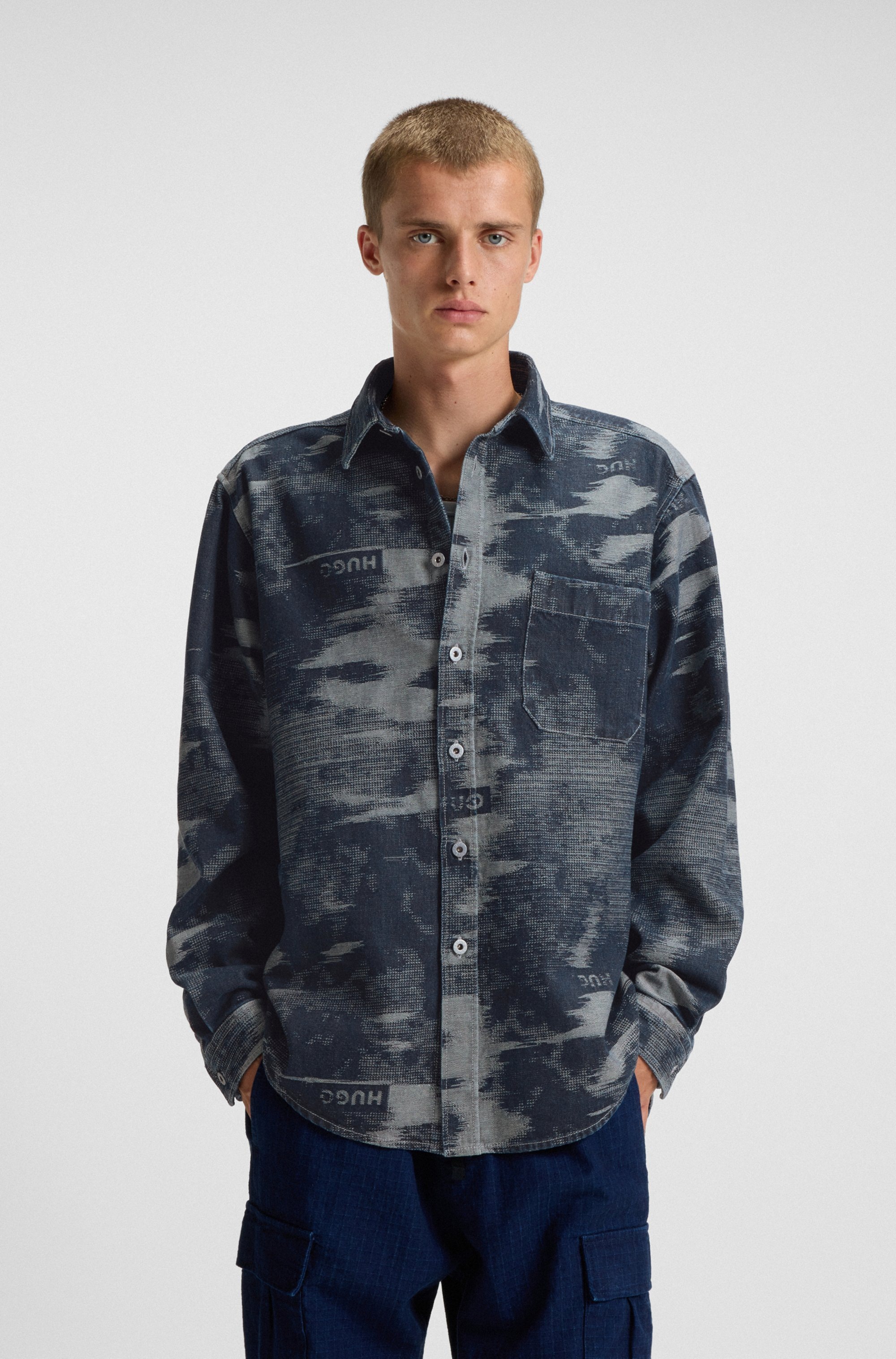 Image of HUGO Langarmhemd "Ebalto" Kentkragen, oversize fit, Jacquard-Muster
