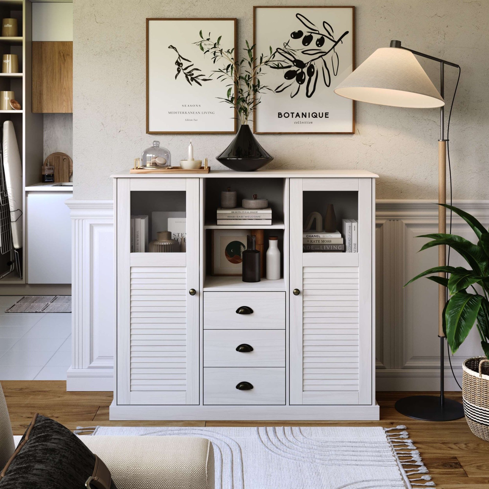 Image of GOODproduct Highboard "Turia, mit Glas- und Lamellentüren" Vitrine/Midischrank/Kommode, aus massivem Kiefernholz, FSC, B: 127 cm