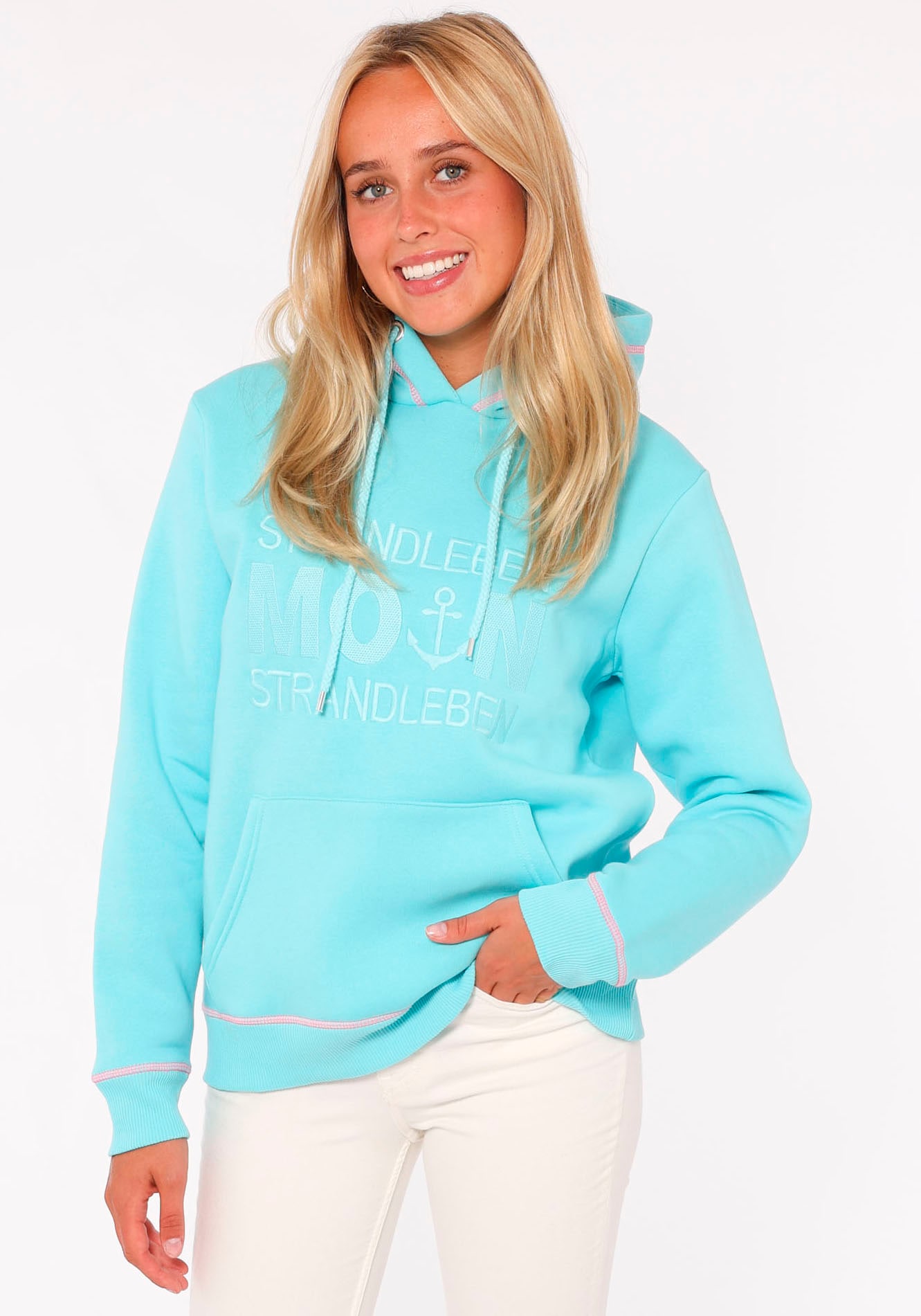 Image of Zwillingsherz Hoodie "Strandleben Moin", mit gesticktem Schriftzug und neonfarbenen Akzenten
