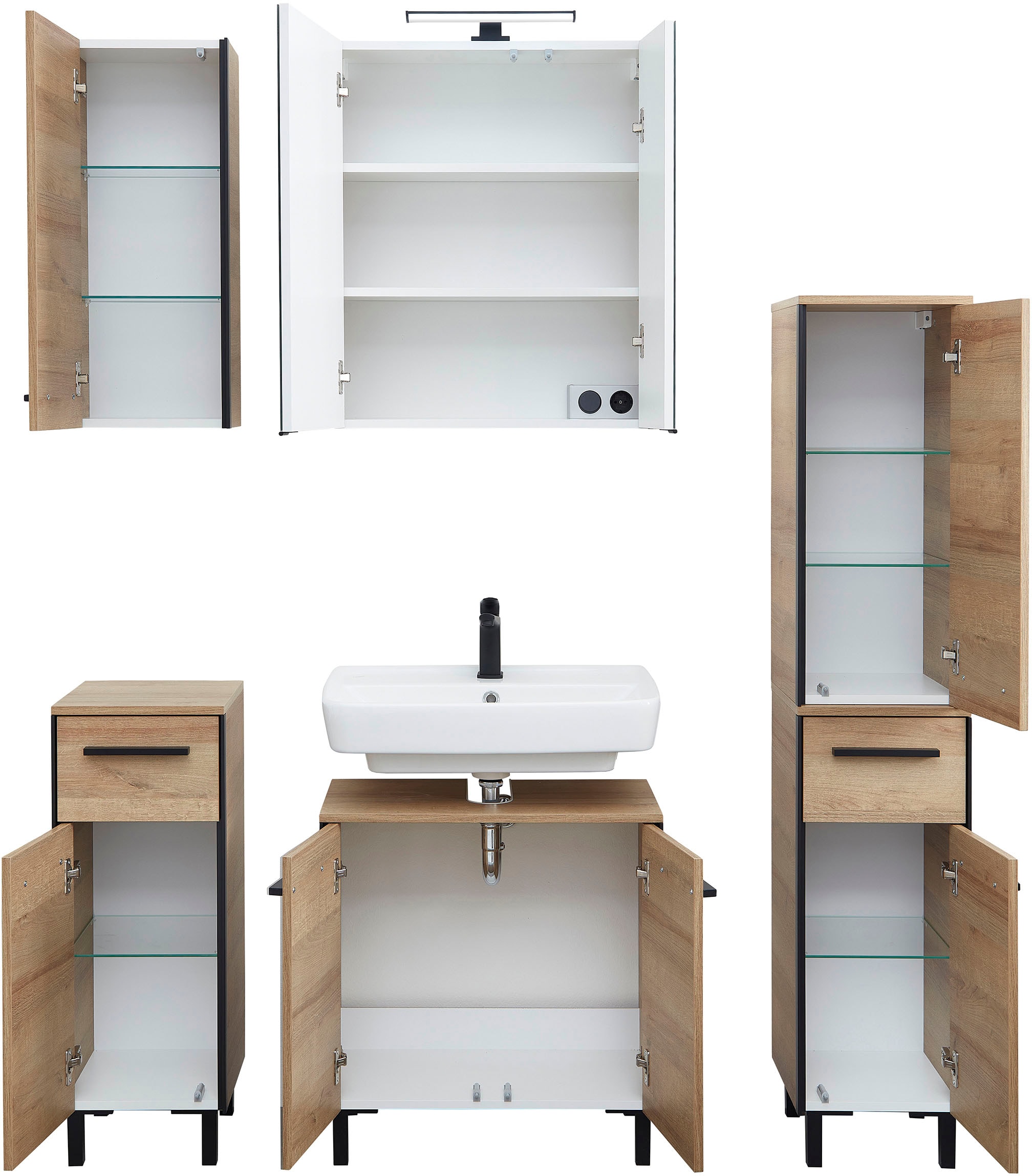 Saphir Ensemble de meubles de salle de bain »Quickset 395 5-teilig, Waschbeckenunterschrank mit LED-Spiegelschrank« 5 cuis tlg.